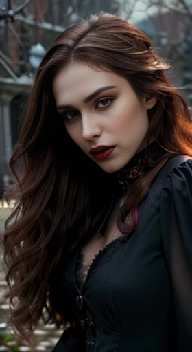 (best quality,ultra-detailed,photorealistic),young woman vampire queen, beautiful bright eyes, dark red mascara, detailed gray lips with gray lipstick, pensive expression, soft lighting,vibrant colors, long flowing Reddish hair, stylish vampire outfit, cemetery background, dark night, malign atmosphere, hourglass figure, 4k details, erotic face,  full body pose,