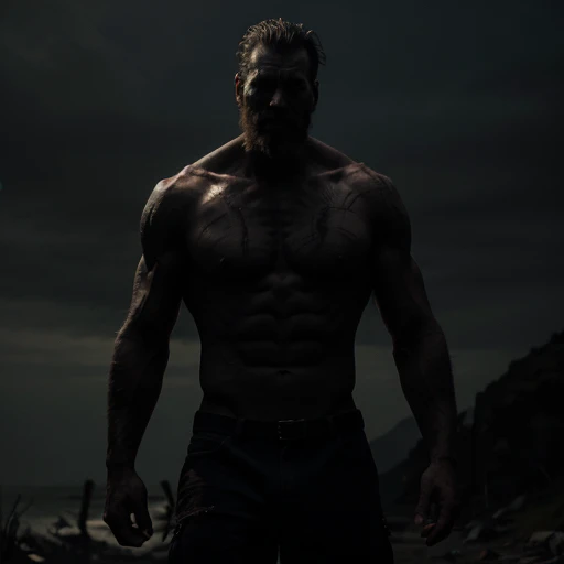 Tall strong man of monstrous appearance with scars on his body in the dark