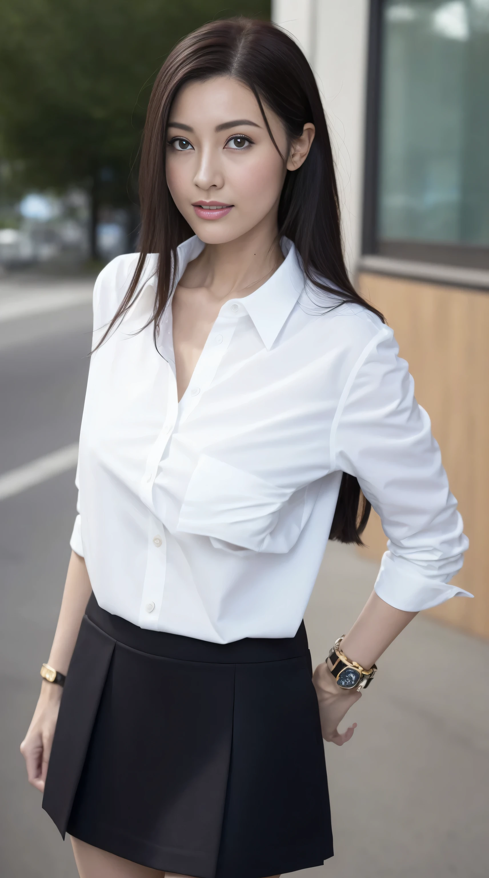 （（Best quality at best，8K，tmasterpiece：1.3）），Clear focus：1.2，one pretty woman，perfect body figure：1.4，Slim abs：1.2，（dark brown  hair，：1.2）），（White button-down long shirt：1.1），the city street：1.2，Highly Detailed Face and Skin Textur，fully body photo：1.4，詳細な目，二重まぶた，Huge big breasts(round form，Thoroughly exposed)，black micro skirt，black pantyhoses，high-heels。