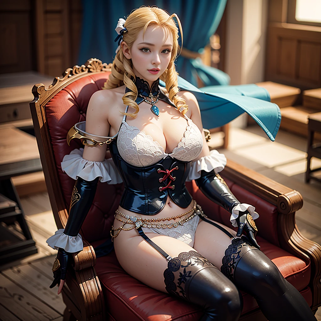 araffe dressed in blue sitting on a chair with a glass of wine, hyperrealistic full figure, thicc, curvaceous. detailed, divine render, blue corset, giant stunning goddess shot, bright blue shiny lingerie, blonde goddess, super detailed and realistic, ( highly detailed figure ), granblue fantasy, small curvy loli, very detailed and high quality