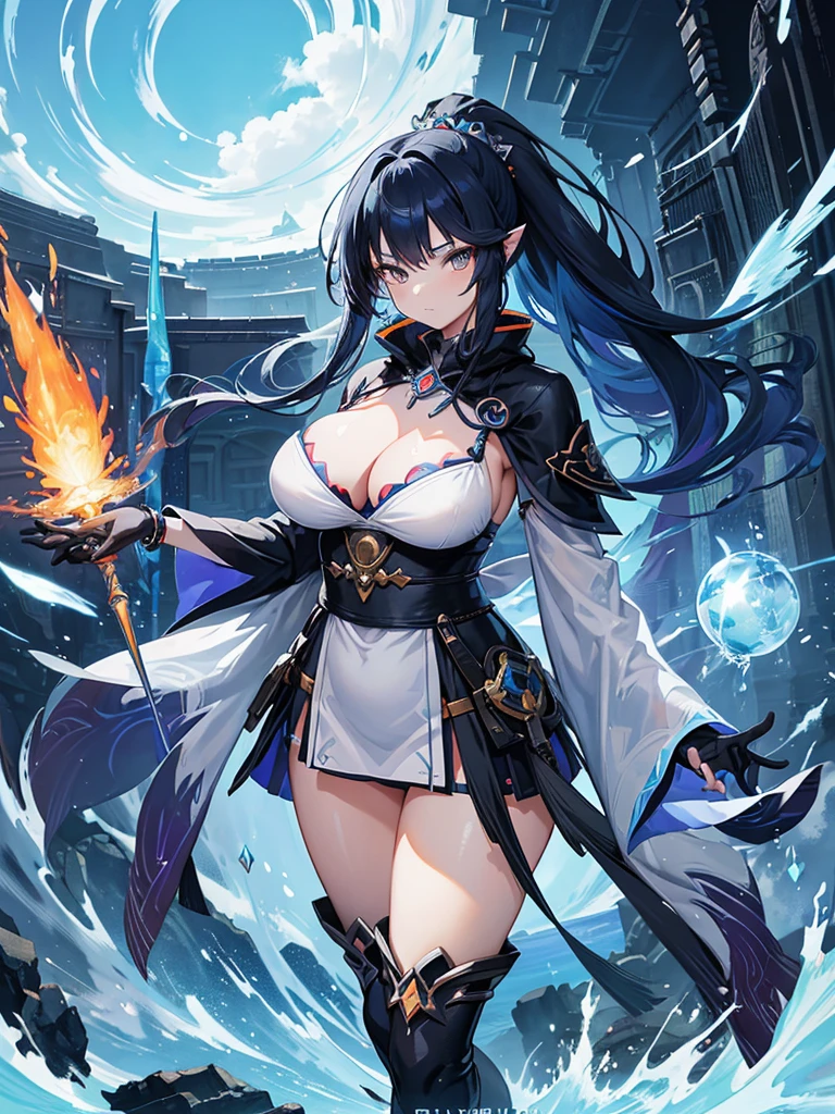 anime illustrated、An ultra-high picture quality、Fantasia、cyberpunked、A bewitching and extremely plump female traveler with a crystal orb scepter、Gradient color high ponytail hair、Orange hair、delicately patterned cloak、blue-black ethnic armor、negligee、Breath of the Wild、britomart、Ruins with flowing waterfalls