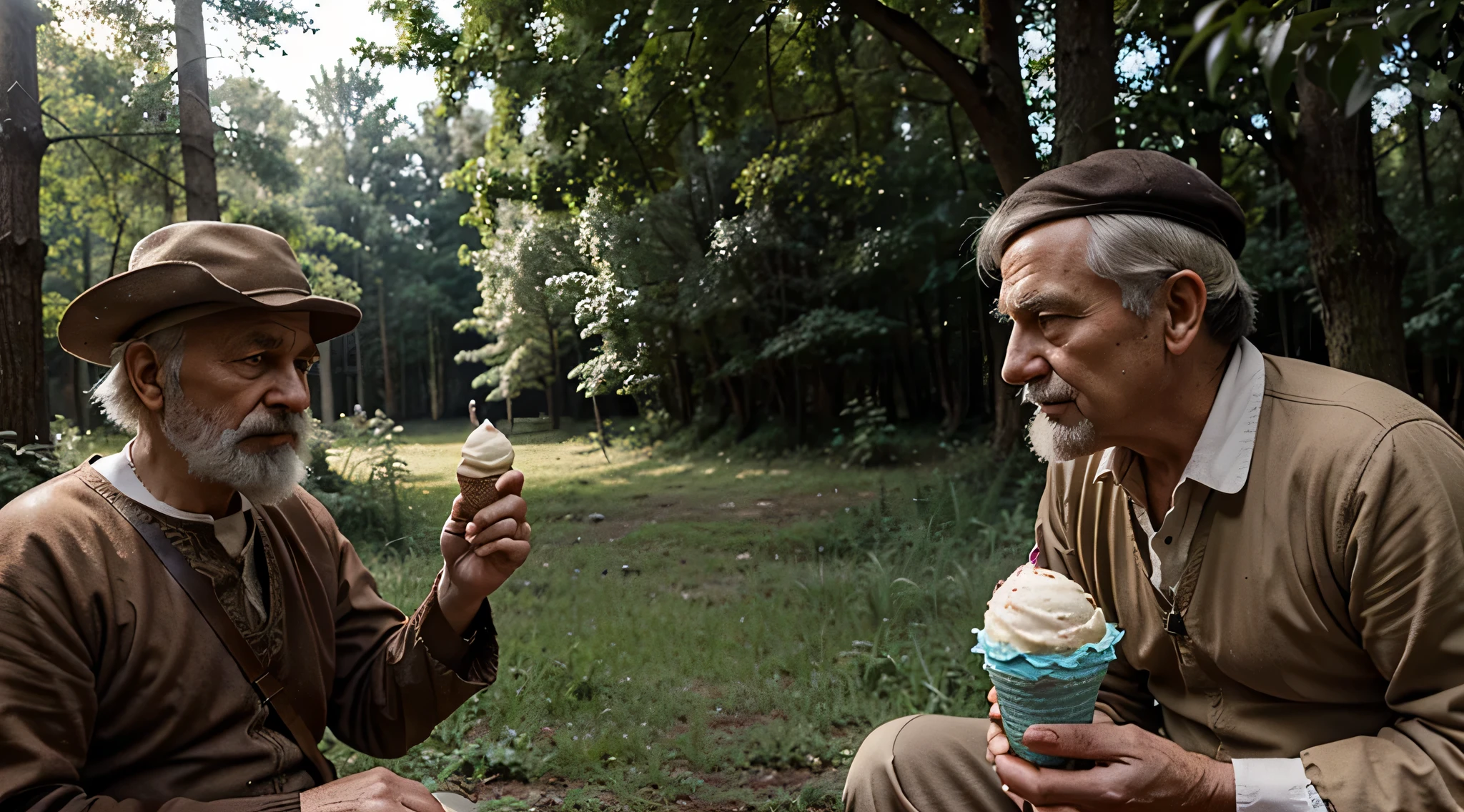 Old Man from medieval with soft ice cream in forest old time picture