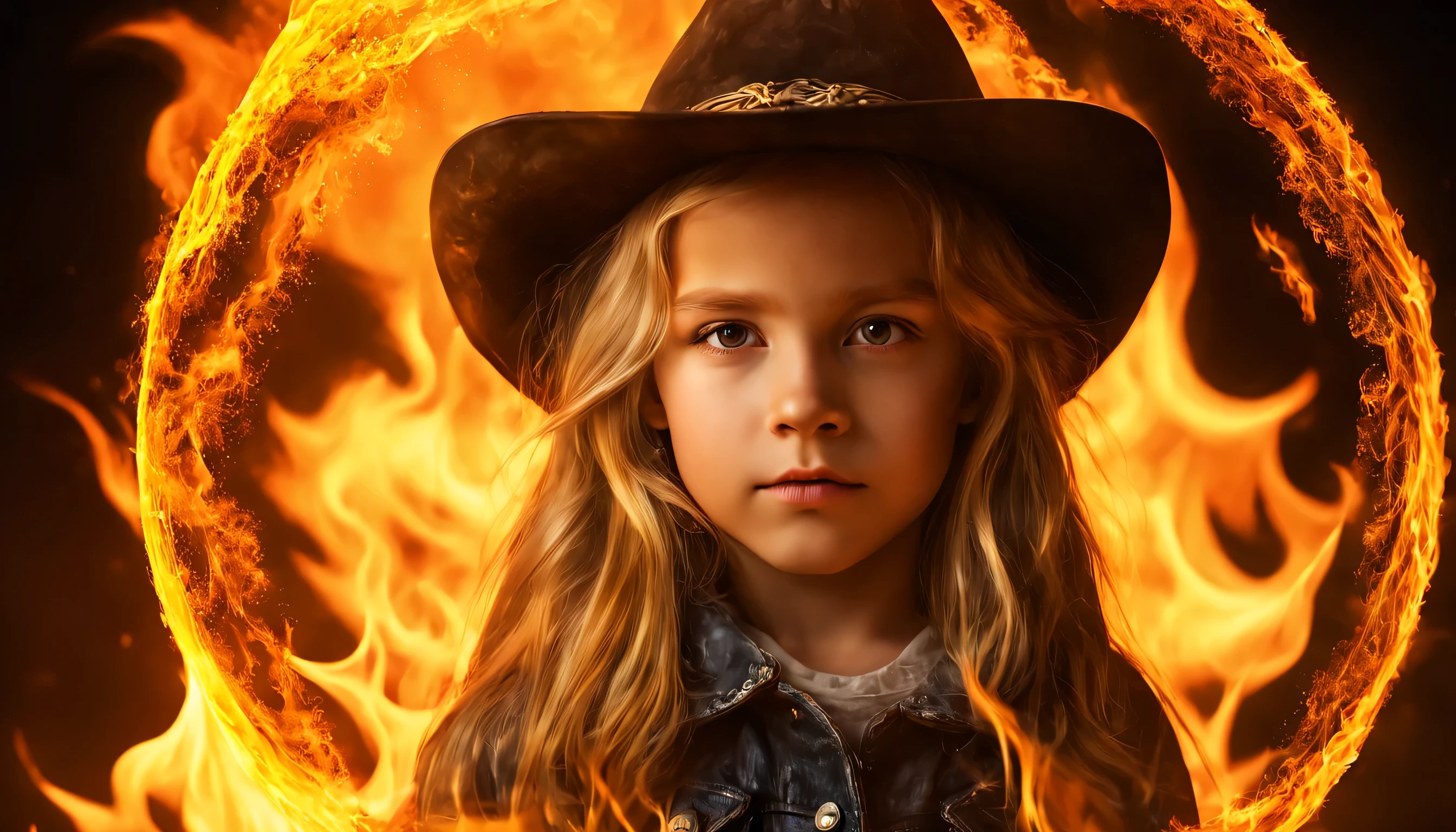 10 year old girl blonde Russian child , fechar para cima, retrato, com longos cabelos loiros, in a cowboy hat, The flames are burning in a circle shape, fogoso, icon with a halo of fire, Anel de fogo, bola de fogo, chama, um fogo laranja no fundo, homem, fire type, (fire), esfera preta de fogo, Firenado, Infero Flamejante, Inferno, tema fogo, fire, fogo do inferno, infernal, chamajante, derretido imagem arfed de uma bola de vidro com uma paisagem dentro, Arte 3D digital detalhada, tree of life inside the ball, Arte digital altamente detalhada em 4k, arte digital altamente detalhada, arte digital estilizada, pintura digital altamente detalhada, bola de vidro, pintura digital altamente detalhada, arte digital altamente detalhada, 3 d render bipe, 8k arte impressionante