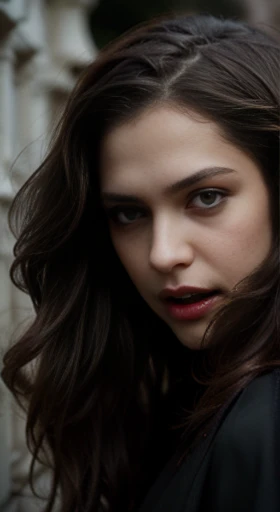 (best quality,ultra-detailed,photorealistic),young woman vampire, beautiful bright eyes, dark red mascara, detailed lips, vampire makeup, pensive expression, soft lighting,vibrant colors, long flowing Reddish hair, stylish vampire outfit, cemetery background, dark night,serene atmosphere, hourglass figure, 4k details, erotic face, full body pose, blood in mouth
