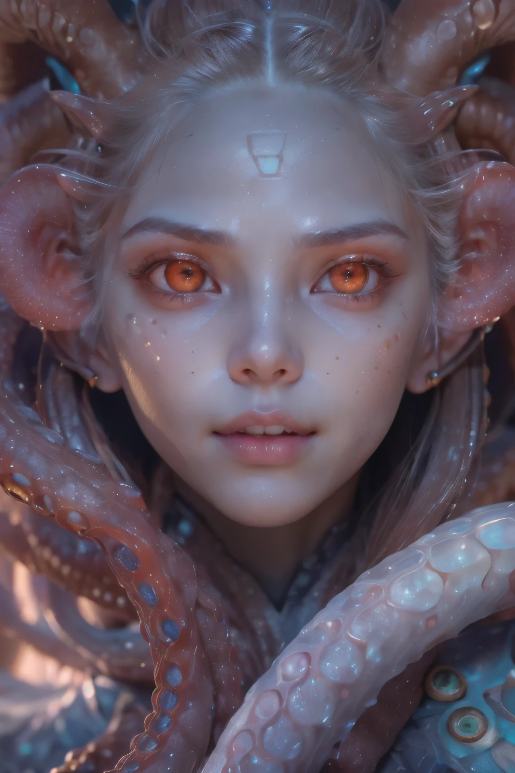 Portrait, (beautiful female alien:1.2), (she has red eyes with no pupils:1.8), (Translucent skin:1.7), (There is a female genital-like organ in the middle of the forehead.:1.9), (The most beautiful face in the history of the universe:1.2),an evil gaze that seduces, (large mouth:1.1), (sharp teeth like a vampire:1.2), Full body like, (bio luminescent:1.5), (Smile wickedly:1.3), (sexypose:1.5), alien, No humans, cells are fused, (Lots of translucent tentacles:1.3) extraterrestrial, cell, bio image, Best Quality, 8K,4K_quality, High Definition, Dramatic Lighting, masutepiece:1.5,cinematic quality, detail up, (Intricate details:1.2), High resolution, High Definition, drawing faithfully, (Thick eyebrows:1.2), Beautiful eyes with fine symmetry,(Highly detailed face and eyes:1.2), Intimate face, (Super detailed skin quality feeling:1.4), Perfect Anatomy, (Beautiful toned body:1.5), (Moist skin:1.2), No makeup, (dark circles:1.1), long canines, cinematic drawing of characters, ultra high quality model, cinematic quality, detail up, (Intricate details:1.2), High resolution, High Definition, drawing faithfully, Official art, Unity 8K wall , 8K Portrait, Best Quality, Very High resolution, ultra detailed artistic photography, midnight aura, unreal enginee 5, Ultra Sharp Focus, art by alberto seveso, ArtGerm, Roisch, intricate artwork, best quality, masutepiece, ultra High resolution, (photos realistic:1.4), Ultra-realistic realism, dream-like, nautilus, Creation of fantasy, Snail, Dream Snail, (biopunk nautilus:1.3), Thrilling color schemes, Ultra-realistic realism, seductively smiling, Blue tentacles,