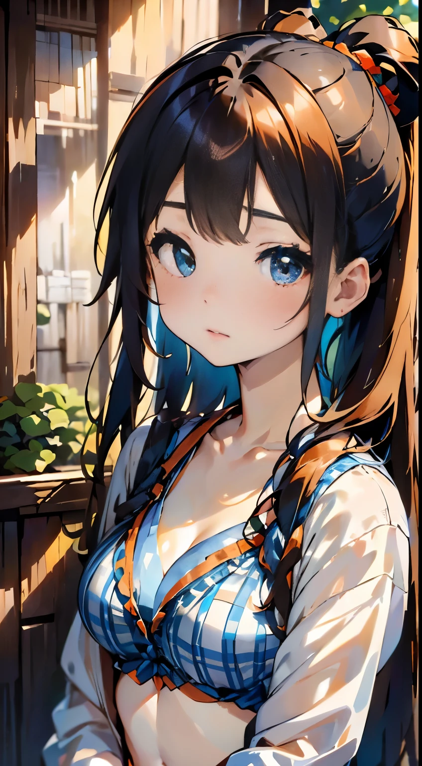 The upper part of the body、an oil painting、masterpiece、Ink painting style、top-quality、hight resolution、Orange long hair、Orange long hair、Naughty look、(((White and blue plaid bra)))、(((White and blue gingham plaid)))、The upper part of the body、Female face、Embarrassed face、sweat-wet skin、The background is all white、side poneyTail、((Side tail hair))、Arms folded in front of the chest、I'm embarrassed