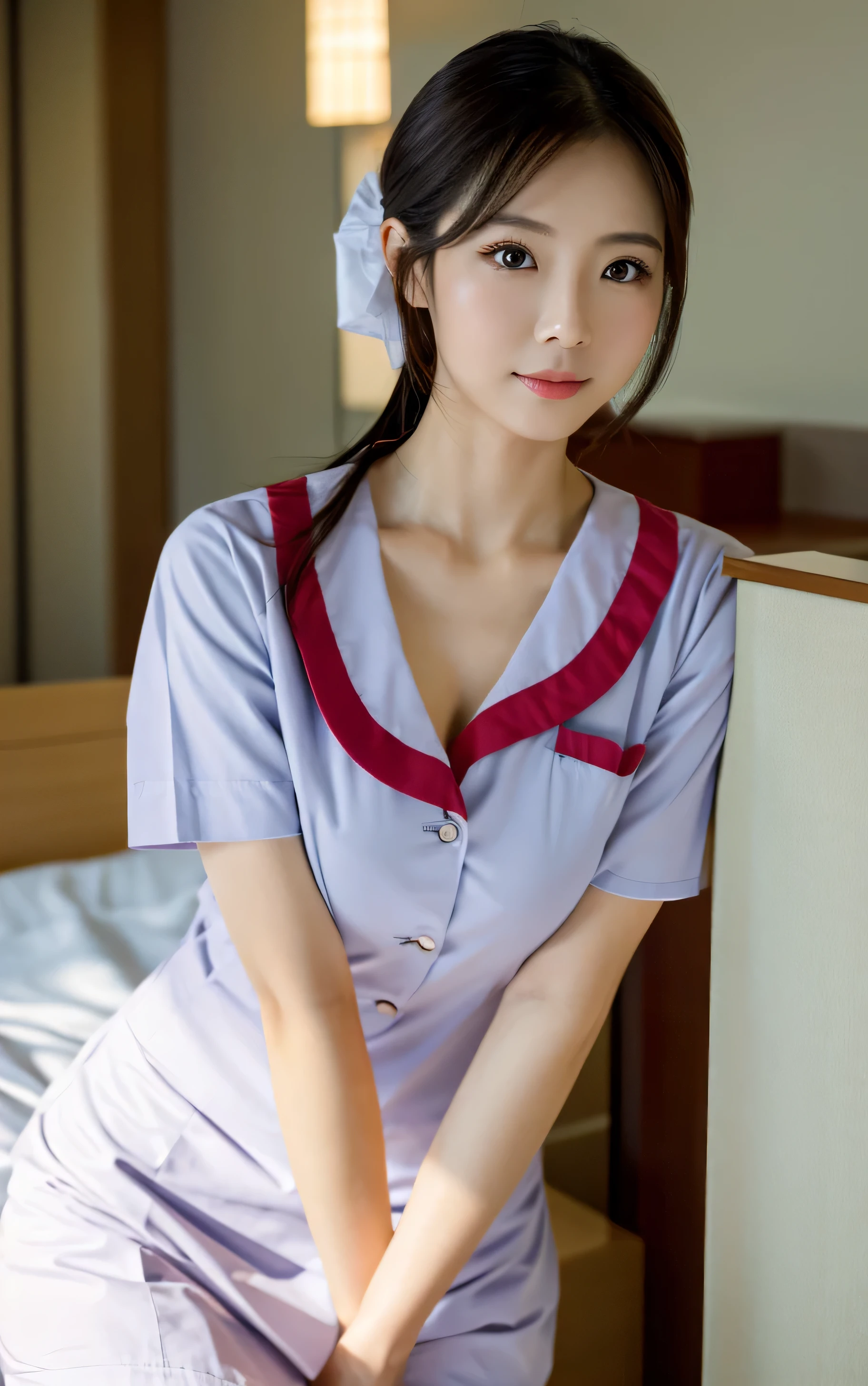 masterpiece,An ultra-high picture quality,The ultra -The high-definition,hightquality,Clear skin,real looking skin,A Japanese Lady,Hospital Rooms,Hospital Room,Nurse,Nurse's outfit,cosplay gorgeous women,cute little,modeled,Beautie,Beautuful Women,Big breasts,in her 20s,Looking at the camera,Deep shading, young sensual graceful, goddess of Japan,,Stand straight