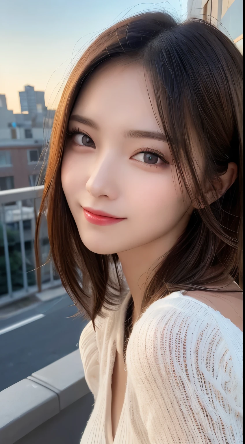 masutepiece, Best Quality, Illustration, Ultra-detailed, finely detail, hight resolution, 8K Wallpaper, Perfect dynamic composition, Beautiful detailed eyes, Winter dress,Medium Hair, Small breasts, Natural Color Lip, Random and sexy poses,Smile,Big city、20 years girl、Midnight、beautifull detailed face、Perfect and beautiful face,Big eyes