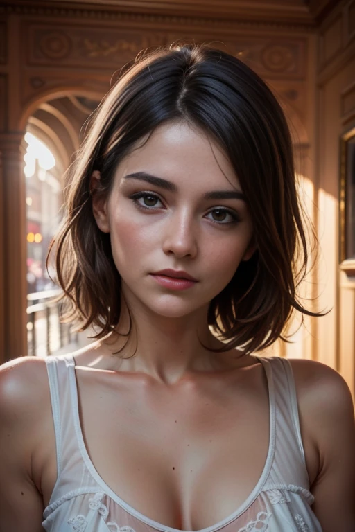 portrait of a young woman, 8k realistic, soft natural light, 85mm, sunshine on her face, cinematic lighting, lumen reflections, photography, nightclub environment, Hyperrealism,