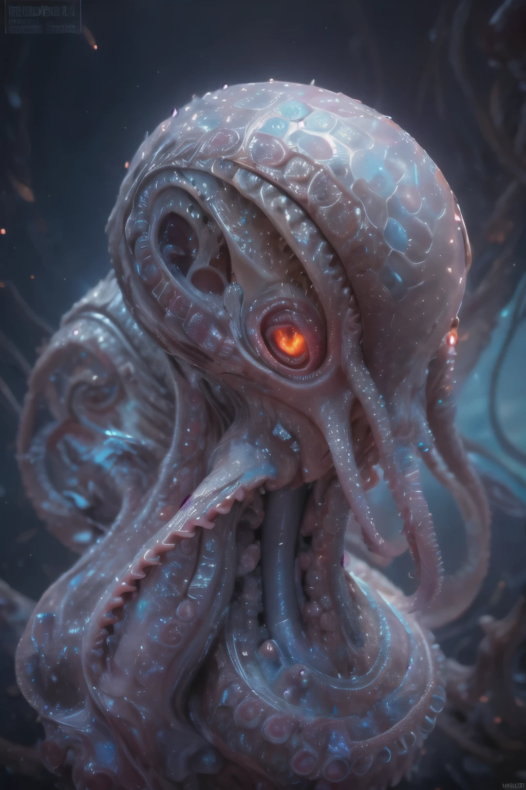 Portrait, (beautiful female alien:1.2), (she has red eyes with no pupils:1.8), (Translucent skin:1.7), (There is a female genital-like organ in the middle of the forehead:1.9), (The most beautiful face in the history of the universe:1.2),an evil gaze that seduces, (large mouth:1.1), (sharp teeth like a vampire:1.2), Full body like, (bio luminescent:1.5), (Smile wickedly:1.3), (sexypose:1.5), alien, No humans, cells are fused, (Lots of translucent tentacles:1.3) extraterrestrial, cell, bio image, Best Quality, 8K,4K_quality, High Definition, Dramatic Lighting, masutepiece:1.5,cinematic quality, detail up, (Intricate details:1.2), High resolution, High Definition, drawing faithfully, (Thick eyebrows:1.2), Beautiful eyes with fine symmetry,(Highly detailed face and eyes:1.2), Intimate face, (Super detailed skin quality feeling:1.4), Perfect Anatomy, (Beautiful toned body:1.5), (Moist skin:1.2), No makeup, (dark circles:1.1), long canines, cinematic drawing of characters, ultra high quality model, cinematic quality, detail up, (Intricate details:1.2), High resolution, High Definition, drawing faithfully, Official art, Unity 8K wall , 8K Portrait, Best Quality, Very High resolution, ultra detailed artistic photography, midnight aura, unreal engine 5, Ultra Sharp Focus, art by alberto seveso, ArtGerm, Roisch, intricate artwork, best quality, masutepiece, ultra High resolution, (photos realistic:1.4), Ultra-realistic realism, dream-like, nautilus, Creation of fantasy, Snail, Dream Snail, (biopunk nautilus:1.3), Thrilling color schemes, Ultra-realistic realism, seductively smiling, Blue tentacles,