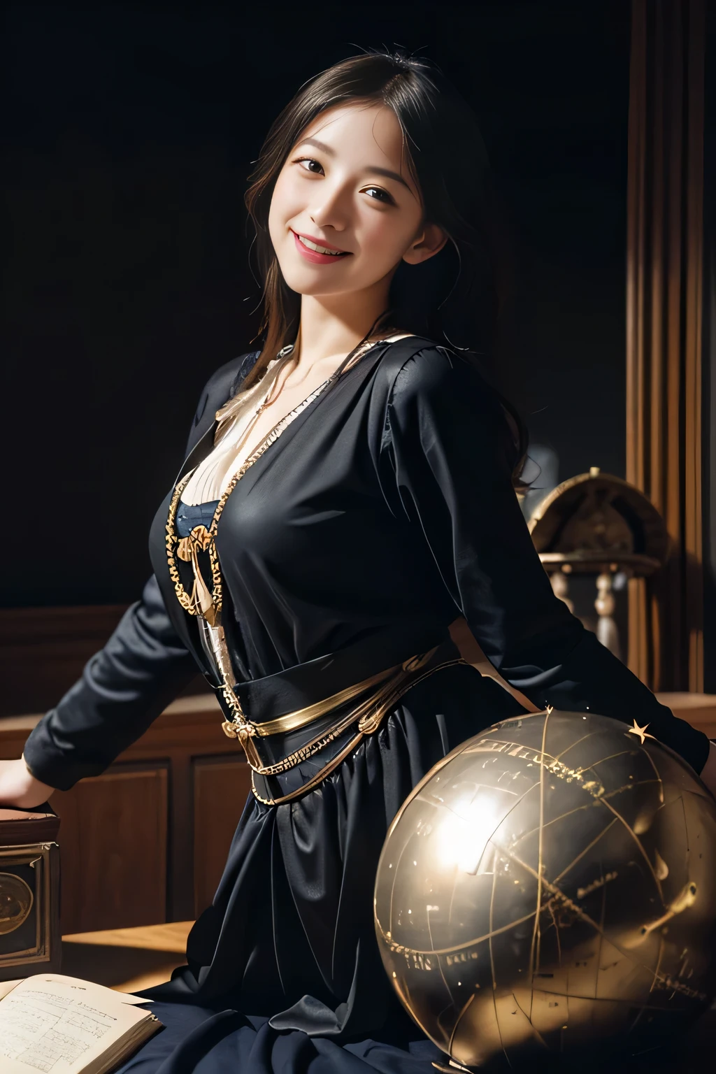 female mathematician,Ancient Greek costumes,Astronomical machinery,antique,A smile,,Sweet and seductive appearance.、Caravaggio's paintings、Chiaroscuro of Caravaggio,,Cute smile, Expression of ecstasy,erotick,A sexy