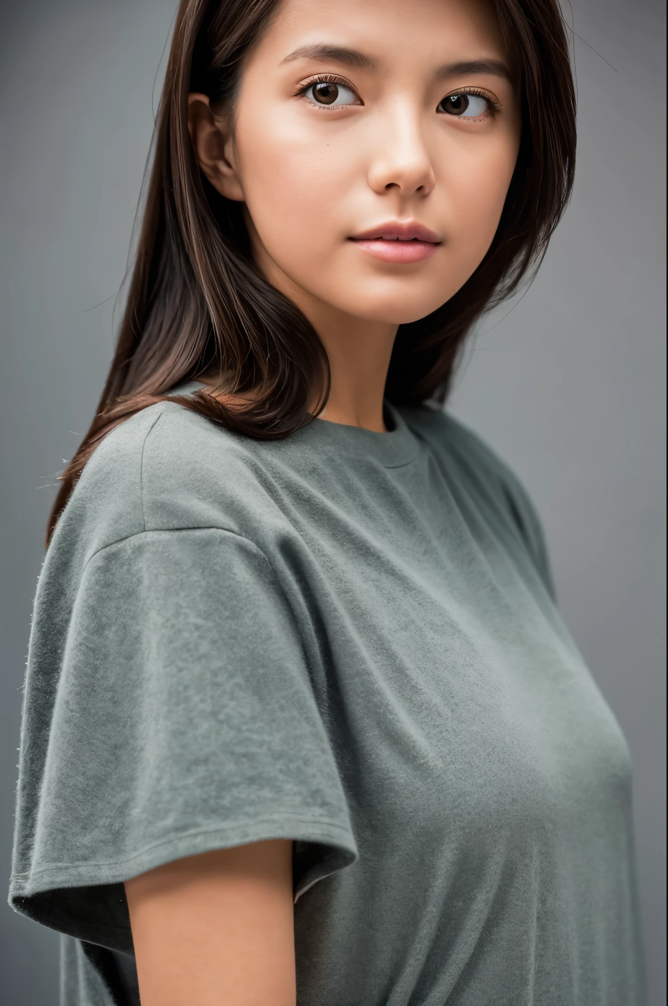 (1girl:1.2),(upper body close-up:1.2), clean background, dark cashmere tight short-sleeved T-shirt, pleated short skirt, wearing medium gray color, posing for photos, adjacent color matching, elegant temperament, elegant intellectual feeling, high image quality, hair coiled, detailed skin texture and cloth texture, detailed eyes, detailed long eyelashes, double eyelids, portrait photography, focal length 30mm, aperture F2.4, God's perspective, realism, costume photography, quiet and good times,