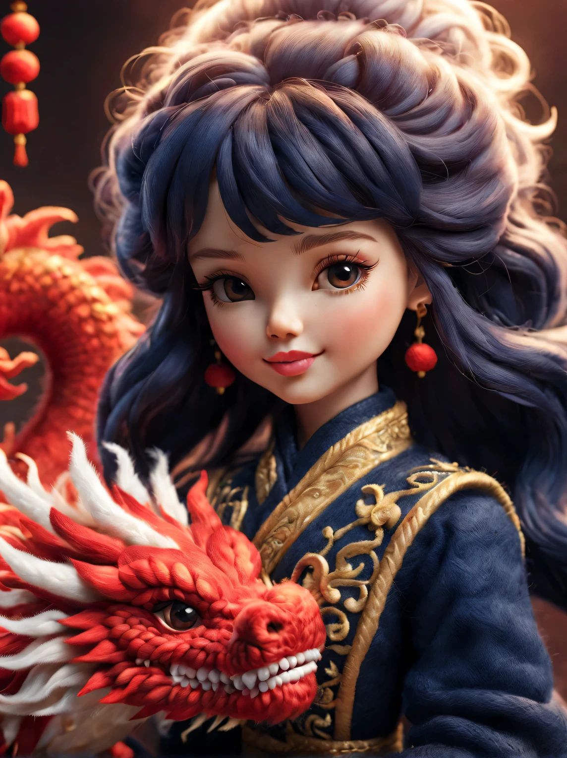 （Plush toy design），Smiling cute Chinese dragon baby and barbie doll，（wool craft），Gorgeous and fashionable Chinese cheongsam in winter，（shaggy：0.68） ，
 Cute 3d rendering，Background with：Dark navy and fiery red，golden colored，Cute and detailed digital art，Miniature feeling，stylized 3d render，3d rendered figure art 8k，lovely digital painting，Anime style 3D，Ultra-detailed rendering