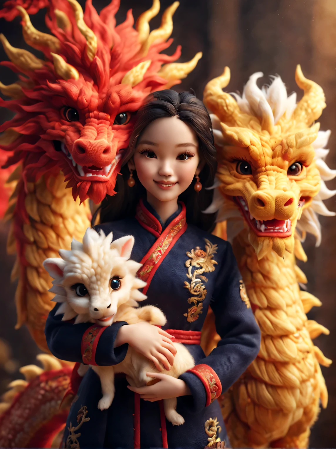 （Plush toy design），Smiling cute Chinese dragon baby and barbie doll，（wool craft），Gorgeous and fashionable Chinese cheongsam in winter，（shaggy：0.68） ，
 Cute 3d rendering，Background with：Dark navy and fiery red，golden colored，Cute and detailed digital art，Miniature feeling，stylized 3d render，3d rendered figure art 8k，lovely digital painting，Anime style 3D，Ultra-detailed rendering