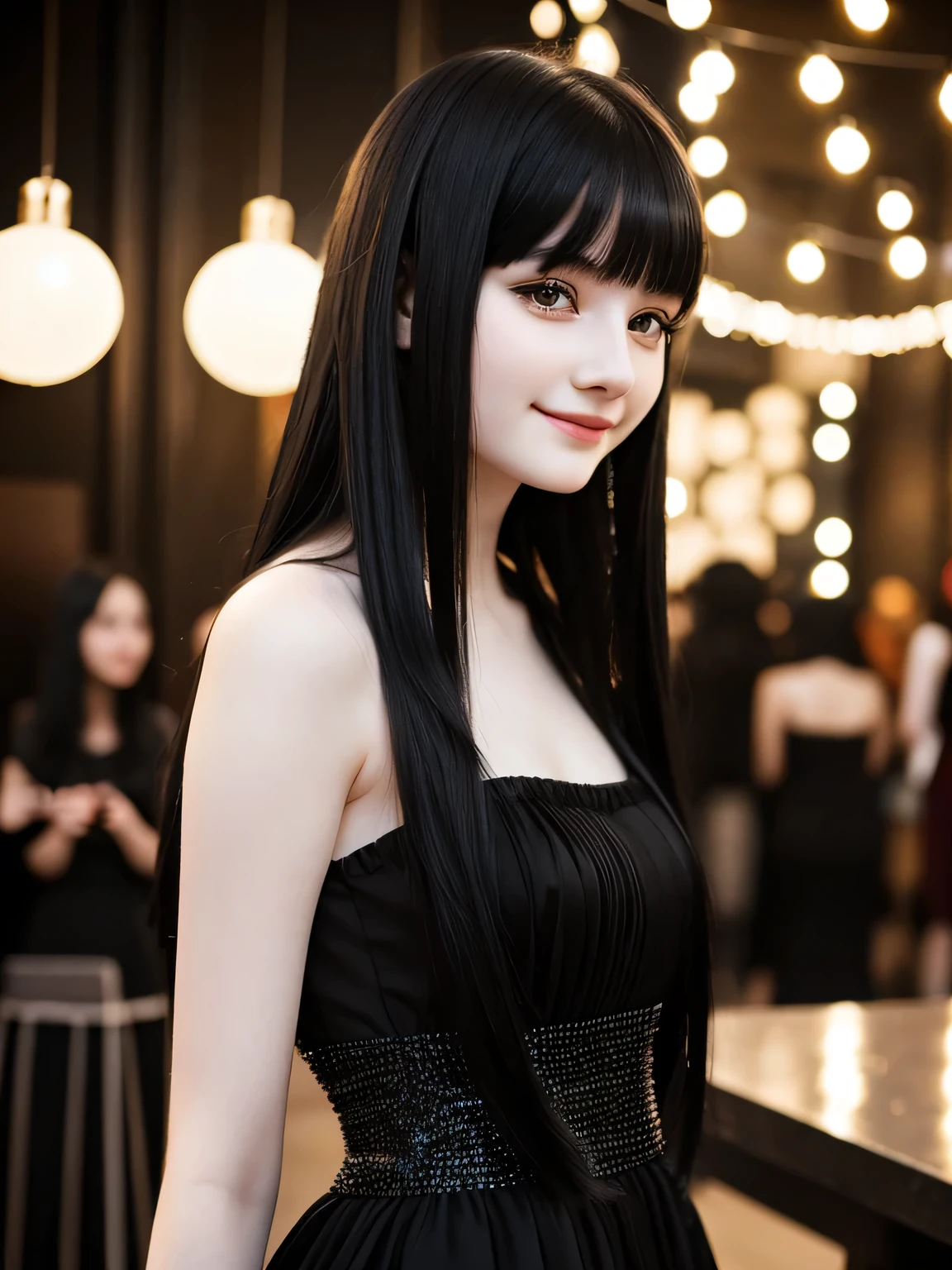 A beautiful pale skinned girl, Pelo largo y negro con flecos gruesos, vestido negro de moda, feliz, New Year's party