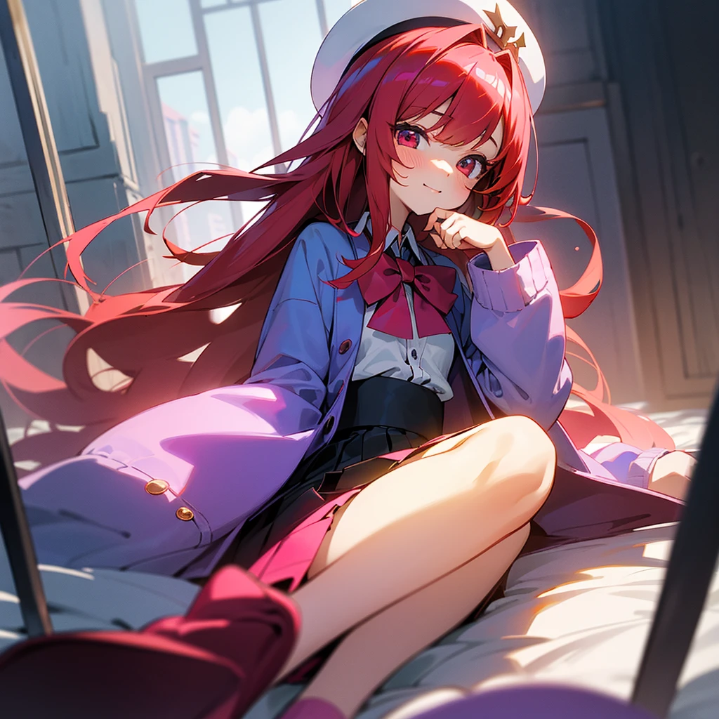 Masterpiece to the smallest detail、top-quality、1girl in、Solo looks 、150cm petite beautiful girl、small tits、12-year-old by 、red t Bob Forward、Pink and purple mesh、red eyes、Red Eyes、tall, Big eyes、Outstanding looks、A lovely child、proximity、Closed_Mouth、A 、red blush、Lots of Shine Liu hats、H in s、pink bowtie、校服、 Blue jacket、jaket、skirt by the、グレーのskirt by theシャツ、white shirt、lame socks、sitting on、Classroom、hair_ornament detached、up looking_で_viewer、be ifful detailed eyes、Akame、panties on、skirt by theを持ち上げる、Professional effects、Cheshire Cat、Cats、Breakdown、Thread