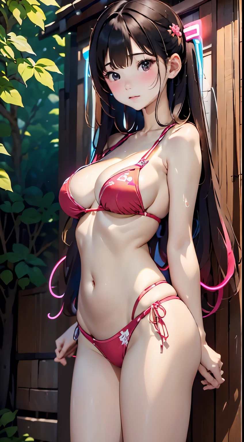 realistic, realistic, female, bikini bottoms with a ruffled skir, big breasts, butt sticking out pose, Japan person,