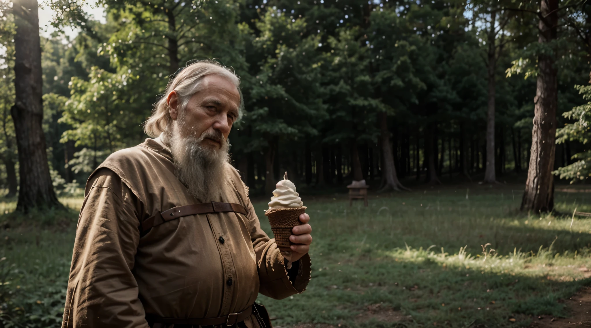 Old Man from medieval with soft  cream in forest old time picture