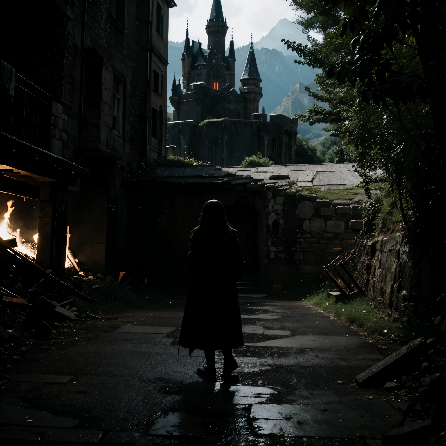 Dark fantasy 1980s grainy vampire castle landscape