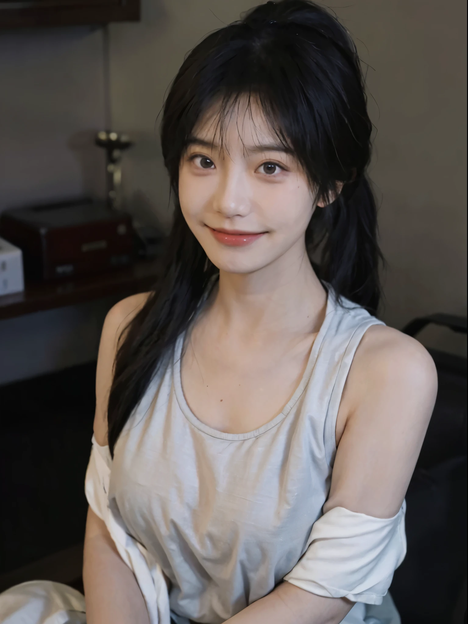 Sleeveless, pony tails, japanaese girl, 8K, Legal photos, quality, tmasterpiece, actual, realistic super detailed, one-girl, cute big breasts, The best smile, pretty eyes, long whitr hair, Perfect facial features,
