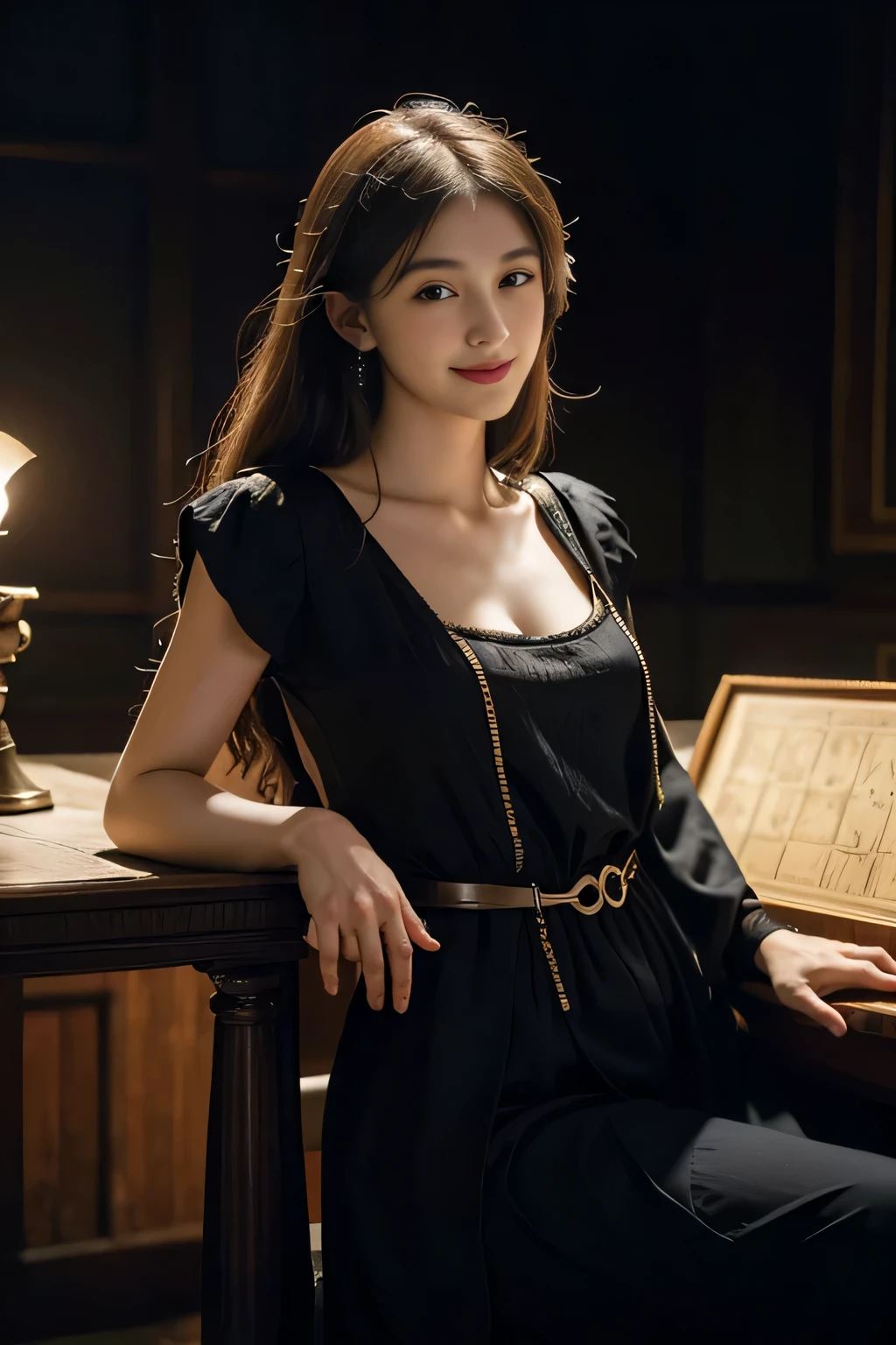 female mathematician,Ancient Greek costumes,Astronomical machinery,antique,A smile,,Sweet and seductive appearance.、Caravaggio's paintings、Chiaroscuro of Caravaggio,,Cute smile, Expression of ecstasy,erotick,A sexy