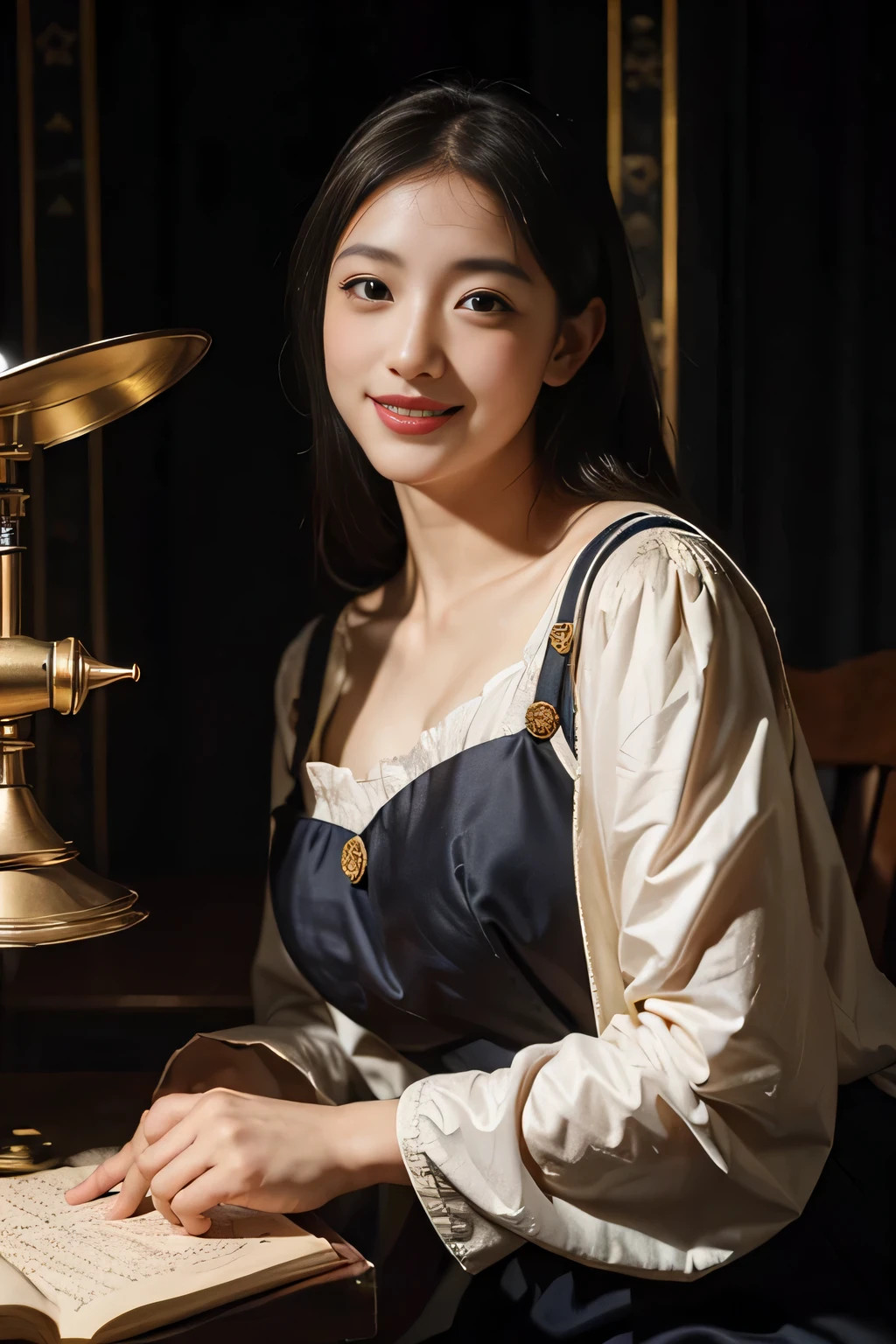 female mathematician,Ancient Greek costumes,Astronomical machinery,antique,A smile,,Sweet and seductive appearance.、Caravaggio's paintings、Chiaroscuro of Caravaggio,,Cute smile, Expression of ecstasy,erotick,A sexy
