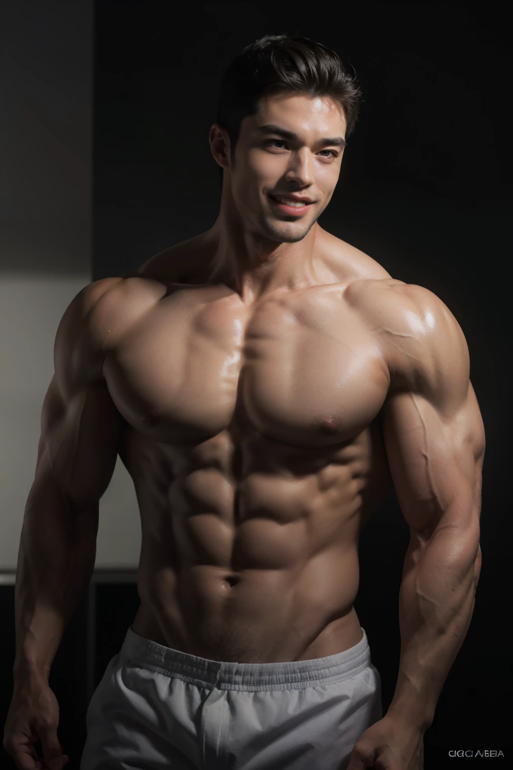 best quality, masterpiece, (photorealistic:1.4), 1muscular body builder guy, light smile, shirtless with brief, waist up, a lot of veins dramatic lighting, from below, dramatic shot, depth of field, -.0 --v6