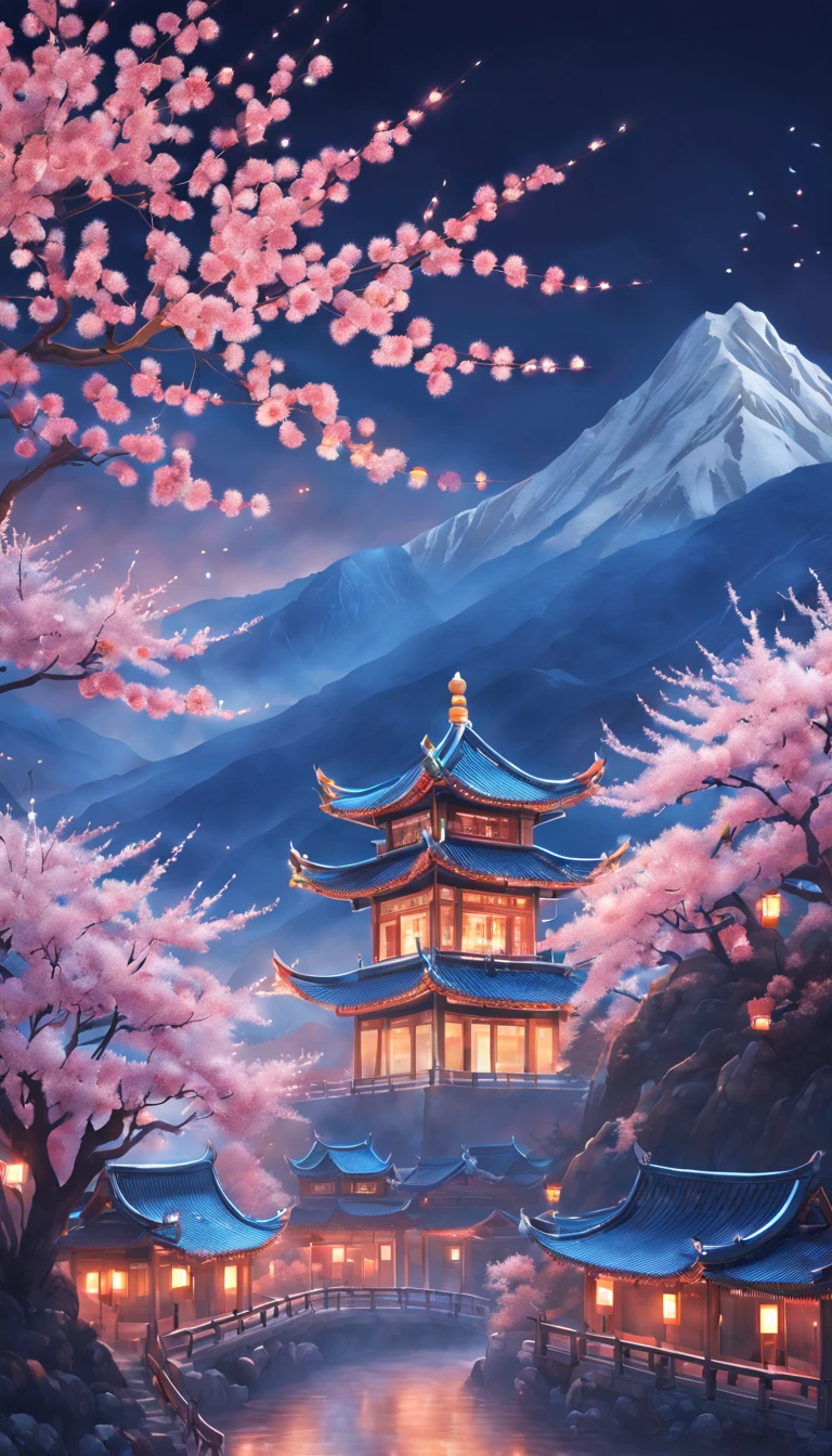 On a cold winter night,A grand New Year fireworks display is taking place in the sky over a traditional Chinese village。Fireworks bloom in the night sky,Beautiful fireworks formed,It creates a mysterious and unique atmosphere。 The mountain peaks in the picture rise into the sky,shrouded in a thick foist lingers in the mountains as fireworks bloom,It adds a touch of mystery to the whole scene。(The mountain peaks are covered with a thin layer of snow),twinkling moonlight。 At the foot of the mountain is a dense peach blossom forest,Pink flowers blooming on the peach tree,Picturesque。 This picture is dominated by illustration style,detail-rich,Vivid colors。Elements from sewing style,Make the whole picture more three-dimensional,Give people a sense of intimacy。With the light of fireworks blooming,The picture is filled with a festive and joyful atmosphere。 Image quality is the best,The resolution is 4K or 8K,detail-rich,High fidelity。The entire picture has professional photography effectine detailing,colors full、vividness,The background cleverly uses the bokeh effect,Highlight the subject。