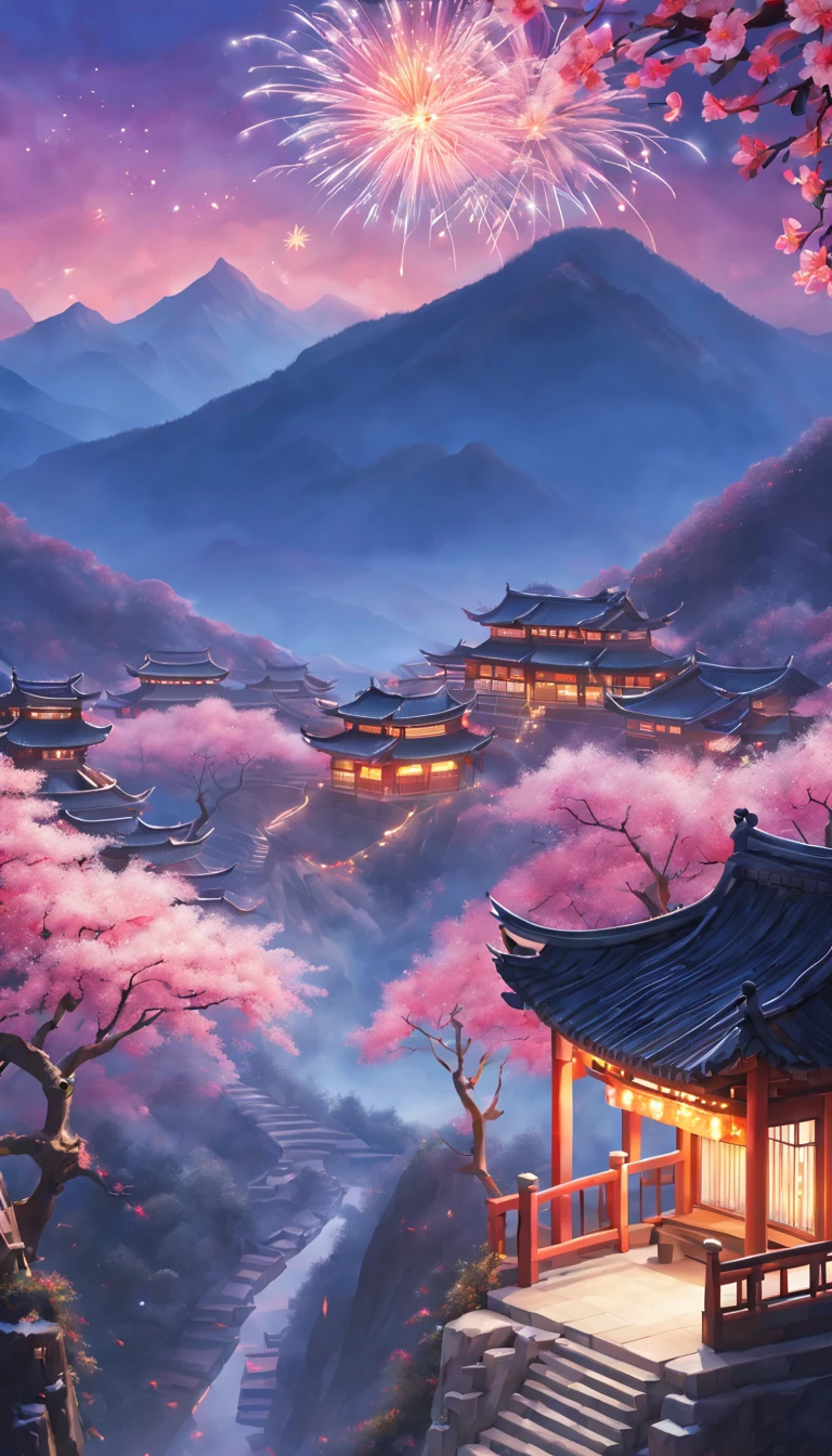 On a cold winter night,A grand New Year fireworks display is taking place in the sky over a traditional Chinese village。Fireworks bloom in the night sky,Beautiful fireworks formed,It creates a mysterious and unique atmosphere。 The mountain peaks in the picture rise into the sky,shrouded in a thick foist lingers in the mountains as fireworks bloom,It adds a touch of mystery to the whole scene。(The mountain peaks are covered with a thin layer of snow),twinkling moonlight。 At the foot of the mountain is a dense peach blossom forest,Pink flowers blooming on the peach tree,Picturesque。 This picture is dominated by illustration style,detail-rich,Vivid colors。Elements from sewing style,Make the whole picture more three-dimensional,Give people a sense of intimacy。With the light of fireworks blooming,The picture is filled with a festive and joyful atmosphere。 Image quality is the best,The resolution is 4K or 8K,detail-rich,High fidelity。The entire picture has professional photography effectine detailing,colors full、vividness,The background cleverly uses the bokeh effect,Highlight the subject。