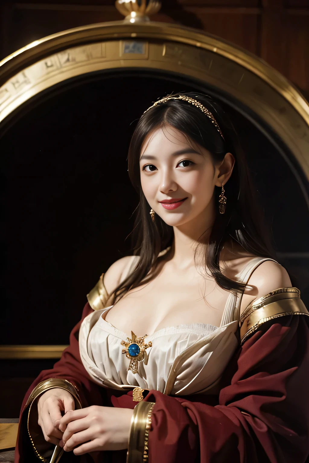 female mathematician,Ancient Greek costumes,Astronomical machinery,antique,A smile,,Sweet and seductive appearance.、Caravaggio's paintings、Chiaroscuro of Caravaggio,,Cute smile, Expression of ecstasy,erotick,A sexy