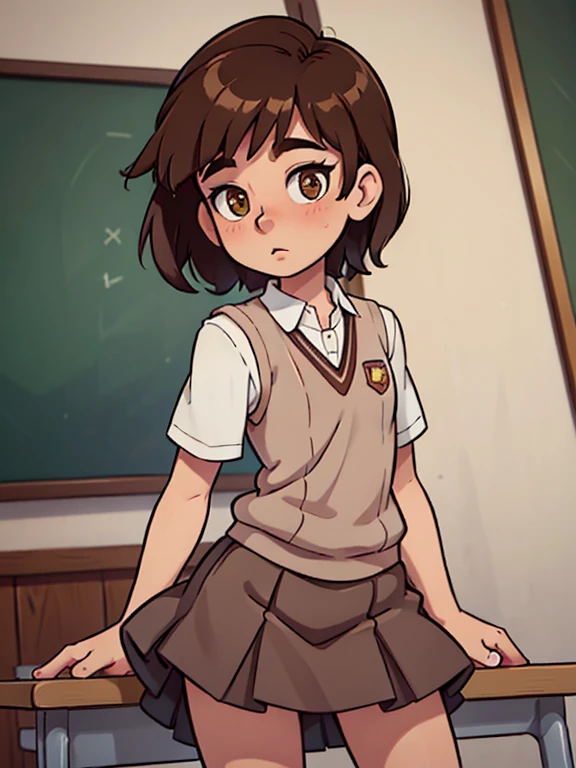 Extremely cute effeminate BOY ************ with shoulder-length brown hair, with brown eyes, with almost flat boy's chest, in a brown official girl's school uniform with long skirt, at the classroom, anatomical authenticity, realistic textures, maximum detail, absolute photorealism, free pose