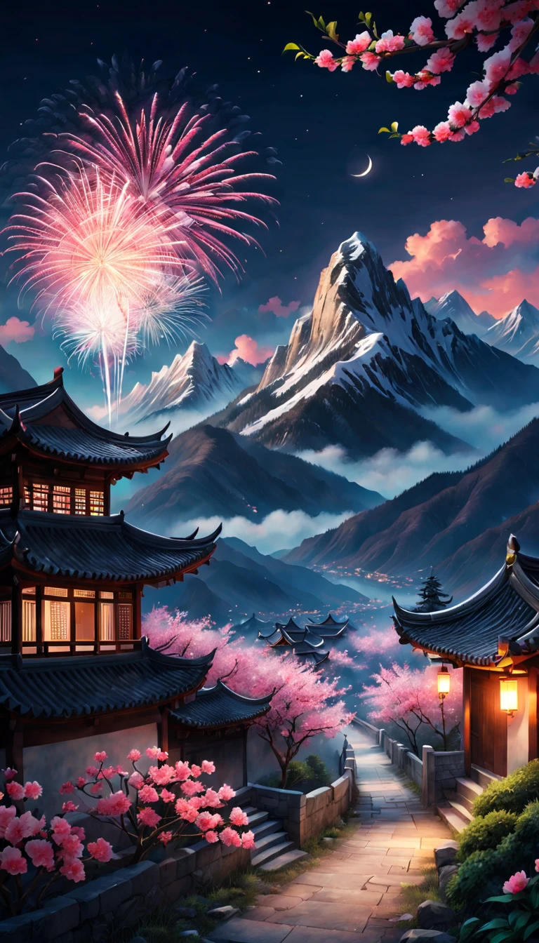 On a cold winter night,A grand New Year fireworks display is taking place in the sky over a traditional Chinese village。Fireworks bloom in the night sky,Beautiful fireworks formed,It creates a mysterious and unique atmosphere。 The mountain peaks in the picture rise into the sky,shrouded in a thick foist lingers in the mountains as fireworks bloom,It adds a touch of mystery to the whole scene。(The mountain peaks are covered with a thin layer of snow),twinkling moonlight。 At the foot of the mountain is a dense peach blossom forest,Pink flowers blooming on the peach tree,Picturesque。 This picture is dominated by illustration style,detail-rich,Vivid colors。Elements from sewing style,Make the whole picture more three-dimensional,Give people a sense of intimacy。With the light of fireworks blooming,The picture is filled with a festive and joyful atmosphere。 Image quality is the best,The resolution is 4K or 8K,detail-rich,High fidelity。The entire picture has professional photography effectine detailing,colors full、vividness,The background cleverly uses the bokeh effect,Highlight the subject。