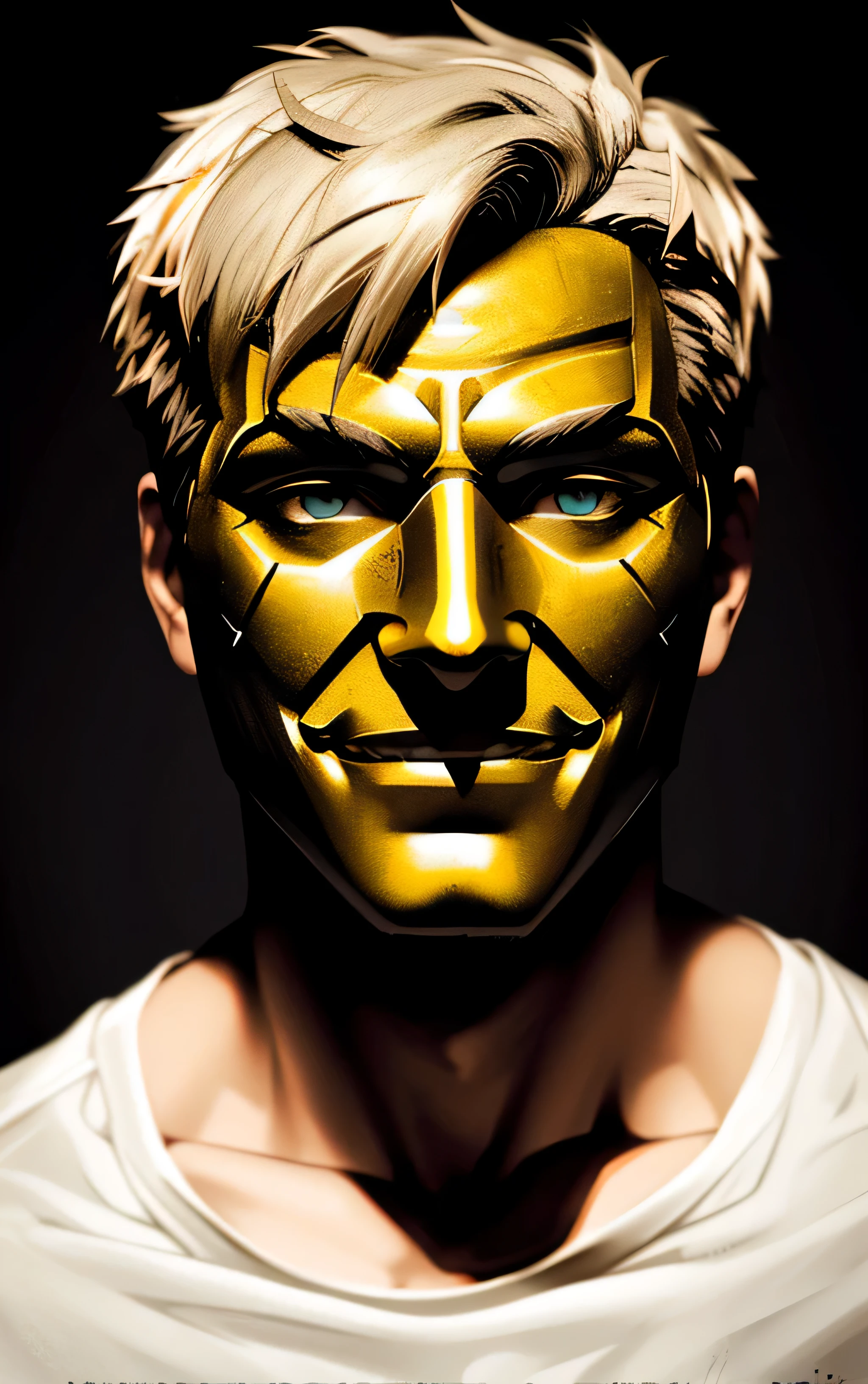 "Develop an image of a theatrical mask, with a smiling and striking appearance. The mask should be inspired by the characteristics of the character Nero, portraying the essence of his role. Explore vibrant, expressive tones, allowing the mask to convey an enigmatic and intriguing feel. Focus on details that outline the features of the smile, but avoid adding any type of text or name to the mask. Let the facial expression be the focal point of the image, capturing the mysterious and endearing personality of the character Nero."