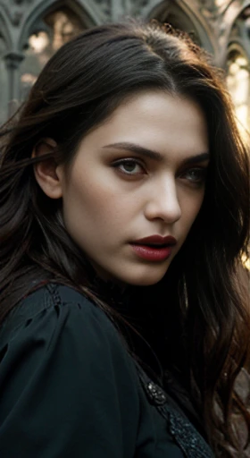 (best quality,ultra-detailed,photorealistic),young woman vampire, beautiful bright eyes, dark red mascara, detailed lips, vampire like makeup, pensive expression, soft lighting,vibrant colors, long flowing Reddish hair, stylish vampire outfit, cemetery background, dark night,serene atmosphere, hourglass figure, 4k details, erotic face, full body pose, shown vampire teeth
