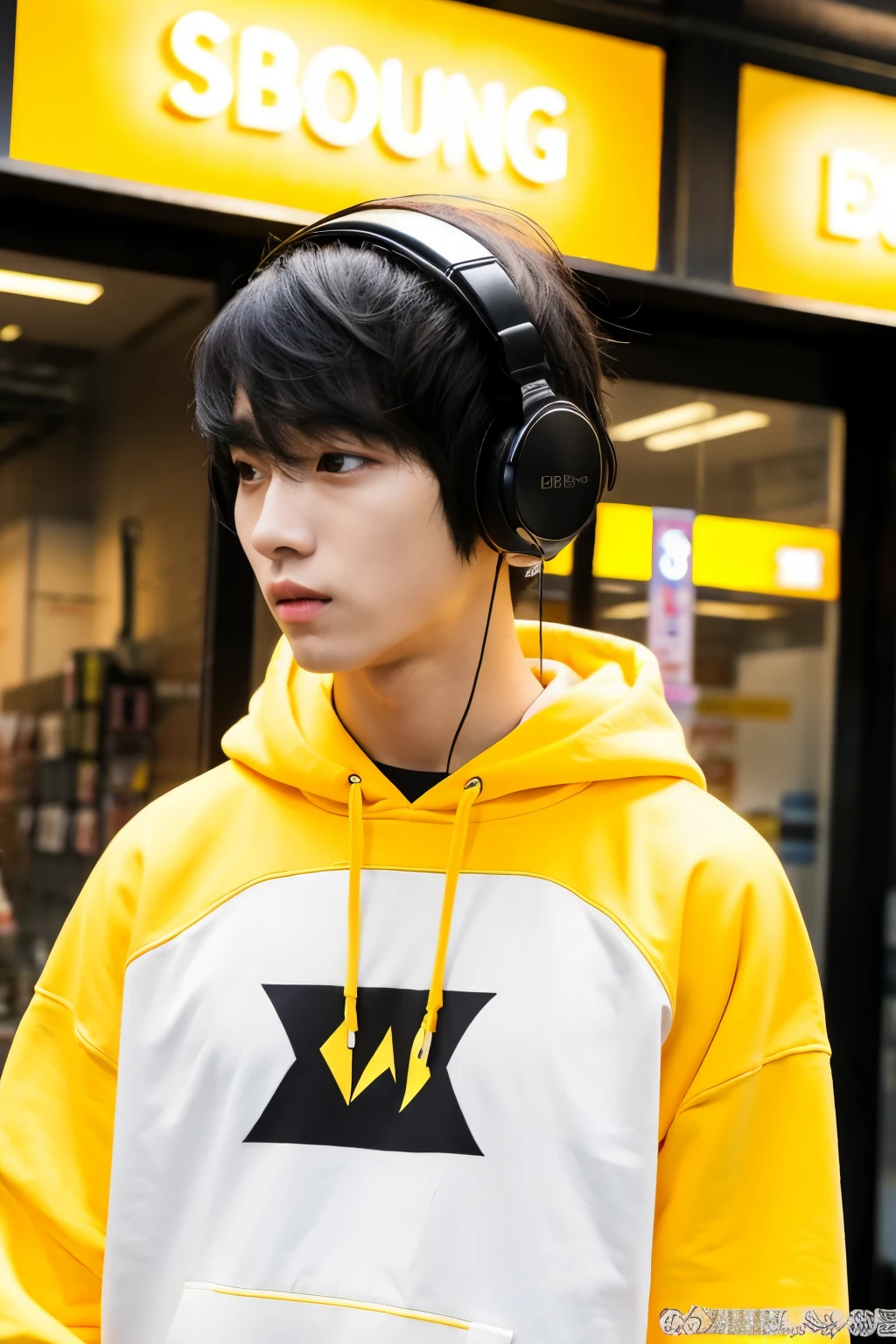 Man with headphones on neck black and yellow hoodie anime