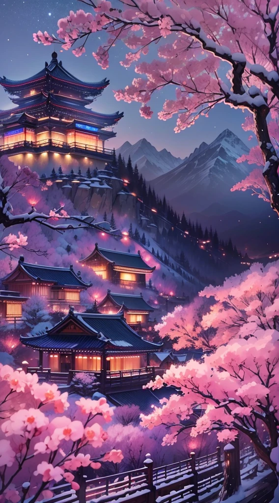 On a cold winter night,A grand New Year fireworks display is taking place in the sky over a traditional Chinese village。(Fireworks bloom in the night sky),Beautiful fireworks formed,It creates a mysterious and unique atmosphere。 The mountain peaks in the picture rise into the sky,shrouded in a thick foist lingers in the mountains as fireworks bloom,It adds a touch of mystery to the whole scene。(The mountain peaks are covered with a thin layer of snow),twinkling moonlight。 At the foot of the mountain is a dense peach blossom forest,Pink flowers blooming on the peach tree,Picturesque。 This picture is dominated by illustration style,detail-rich,Vivid colors。Elements from sewing style,Make the whole picture more three-dimensional,Give people a sense of intimacy。With the light of fireworks blooming,The picture is filled with a festive and joyful atmosphere。 Image quality is the best,The resolution is 4K or 8K,detail-rich,High fidelity。The entire picture has professional photography effectine detailing,colors full、vividness,The background cleverly uses the bokeh effect,Highlight the subject。