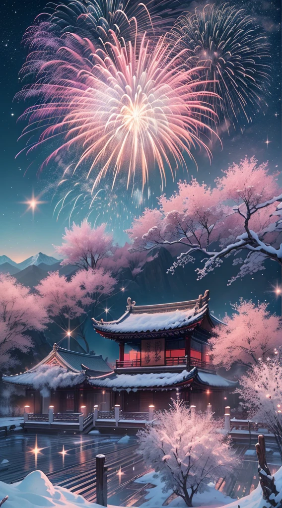 On a cold winter night，A grand New Year fireworks display is taking place in the sky over a traditional Chinese village。(Fireworks bloom in the night sky)，Beautiful fireworks formed，It creates a mysterious and unique atmosphere。 The mountain peaks in the picture rise into the sky，shrouded in a thick foist lingers in the mountains as fireworks bloom，It adds a touch of mystery to the whole scene。(The mountain peaks are covered with a thin layer of snow)，twinkling moonlight。 At the foot of the mountain is a dense peach blossom forest，Pink flowers blooming on the peach tree，Picturesque。 This picture is dominated by illustration style，detail-rich，Vivid colors。Elements from sewing style，Make the whole picture more three-dimensional，Give people a sense of intimacy。With the light of fireworks blooming，The picture is filled with a festive and joyful atmosphere。 Image quality is the best，The resolution is 4K or 8K，detail-rich，High fidelity。The entire picture has professional photography effectine detailing，colors full、vividness，The background cleverly uses the bokeh effect，Highlight the subject。