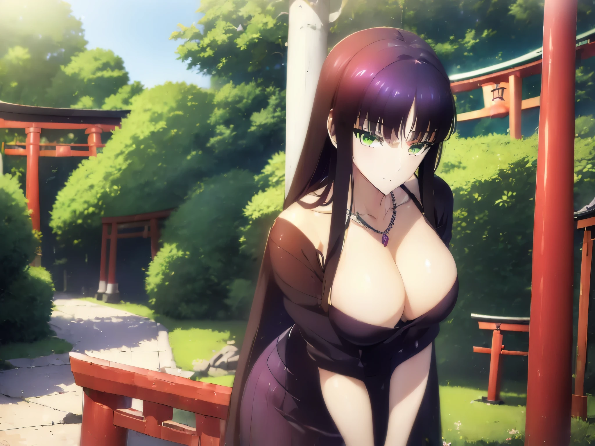 shrine maidenの服を着た女の子,mystical,Red and white kimono,((shrine maiden))),(((shrines))),(((torii gate))),(((shrine maiden服))),Vermilion Hakama,shrine maiden服を着た女の子,Connect UHD and 8K, 長い赤紫髪と緑の目をしたan anime girl,anime moe art style, 若いan anime girlの接写, Smooth Anime CG Art,beautiful anime high school girl, anime moe art style, a hyperrealistic schoolgirl, Seductive Anime Girl, an anime girl, 魅力的なan anime girl, a hyperrealistic schoolgirl, Anime Girl,8K UHD, hight resolution,Very detailed CG, High quality shadows, Detail Beautiful delicate face, ディテール美しいDelicat eyes,BREAK(Very detailed 8k wallpaper),(Highly detailed CG 8K wallpaper),Makima (chain saw man),Sukasaha (Fate/grand order),Shimohira Reihua ,Hi-Res,Very delicate and beautiful CG illustration,top-quality,Realistic skin feeling,Realistic fabric,Realistic texture,(((masutepiece))), (((Best Quality))),8K,32K,​masterpiece,beautiful alluring anime woman,ultra-definition,ultra-detailliert,hight resolution,a hyperrealistic schoolgirl,masuter piece, Best Quality, High quality, High Definition, high quality texture, high quality shadow, high detailing,finely detail,1girl in,High school students,Solo,Soio,Only one person,Alone,One Person,Mature atmosphere,neat and long legs,Beautiful udder,beautiful thigh,toned legs,Footboard beauty,big breasts thin waist,mature body girl,Reddish-purple hair,Reddish-purple hair,Purple hair,cassis colored hair,silky and smooth hair,Colorful hair,Straight hair,Smile,Smiling happily,lively expression,Cute smile,Cool Beauty,Beautuful Women,Neat face, Beautiful realism,Seductive look,Bewitching look,serene expressions,beautiful hairl,A slight smil,Colorful eyes,green colored eyes,Jade-colored eyes,beautidful eyes,Bright eye,Delicat eyes,Eyes Like Gems,Jade Eyes,Hanging eyes,(((Green eyes:1.5))),Seductive face,8 Head Body,stature:171cm,彼女は首にNecklace身に着けています,Necklace,bead necklace,magatama accessories,A slight smil,Seductive face,Model photo, high detailing, Modern, romanticism, Realism, Hyper-Realism, Cinematic lighting, Ray tracing, Fujicolor, (((cowboy  shot))), 8K, Super Detail, ccurate, Best Quality, 16 K, Super Detail,is standing,outside of house,Winter sky,blue-sky,
