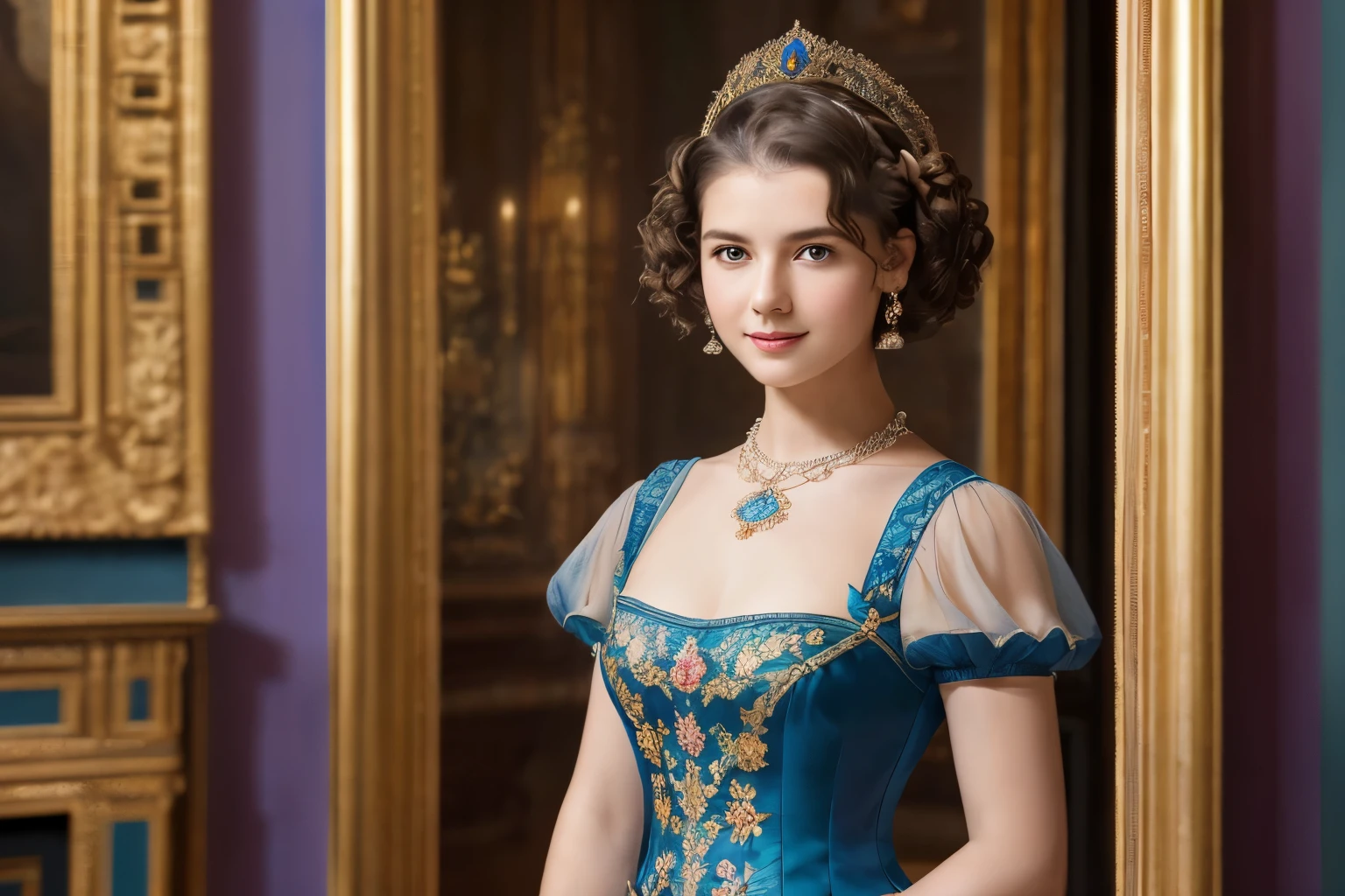 142
(a 20 yo woman,in the palace), (A hyper-realistic), (high-level image quality), ((beautiful hairstyle 46)), ((short-hair:1.46)), (kindly smile), (breasted:1.1), (lipsticks), (wearing a blue dress), (murky,wide,Luxurious room), (florals), (an oil painting、Rembrandt)