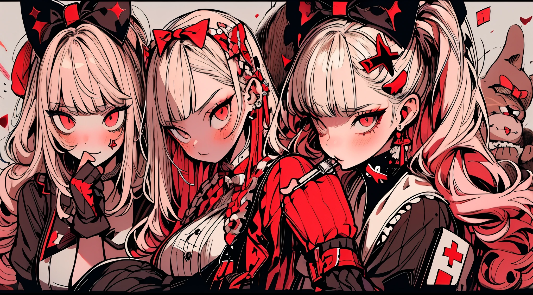 ta prostitute,Gorgeous dress,mitts,curlies,very intricate,Exquisite,shift dresses,Bow knot,frilld,ribbon,bandagens,Nurse style,Huge syringe,pill,Red Cross,Y2K,E-girls,Unilateral eye patch,Love decoration,subculture,Sick,bloods,laughingly,Avant-garde and innovative clothing design