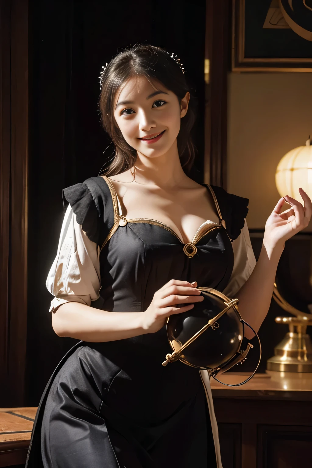 female mathematician,Ancient Greek costumes,Astronomical machinery,antique,A smile,,Sweet and seductive appearance.、Caravaggio's paintings、Chiaroscuro of Caravaggio,,Cute smile, Expression of ecstasy,erotick,A sexy