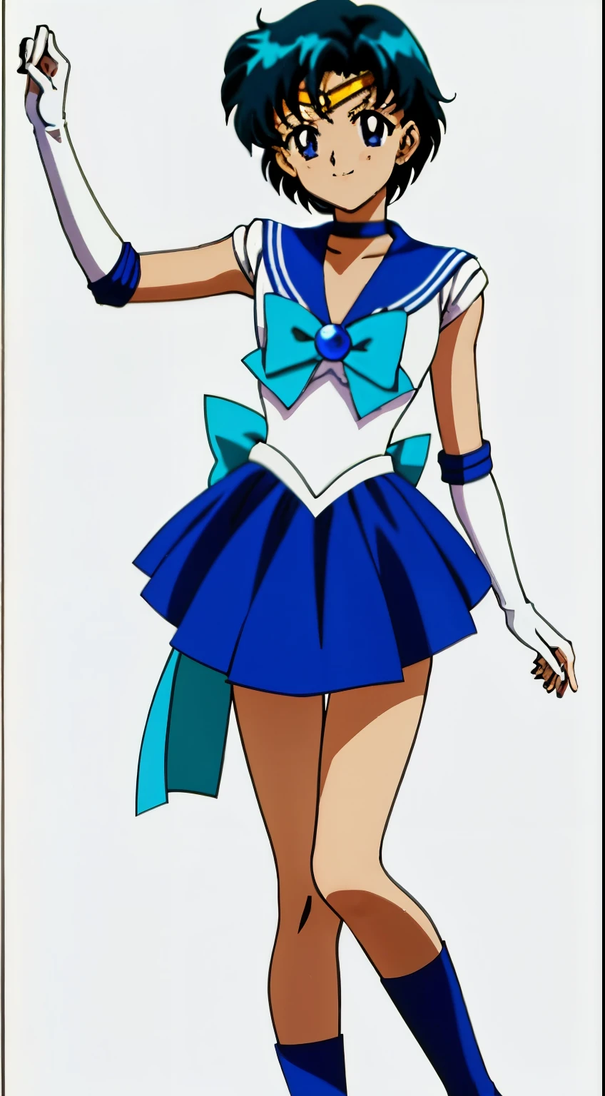 Top Quality Anime Art、​masterpiece、high definition anime art、アニメstyles8K、Boy standing、Very short blue-haired boy、Blue-eyed boy、Golden Circlet、耳环、solo、Sailor Senshi Uniform、white glove、elbowgloves、Blue choker、Blue Heeled Boots、White leotard、highleg leotard、robe blanche、Blue sailor collar、Sky blue bow tie、a miniskirt、pleatedskirt、a blue skirt、a smile、Bare shoulders、bare legs、Hymns to the King as a Prince, an retro anime image、full-body close-up shot、Anime. Rogue Anime Boy、Soft lighting、(1990's\(styles\)0.9)、