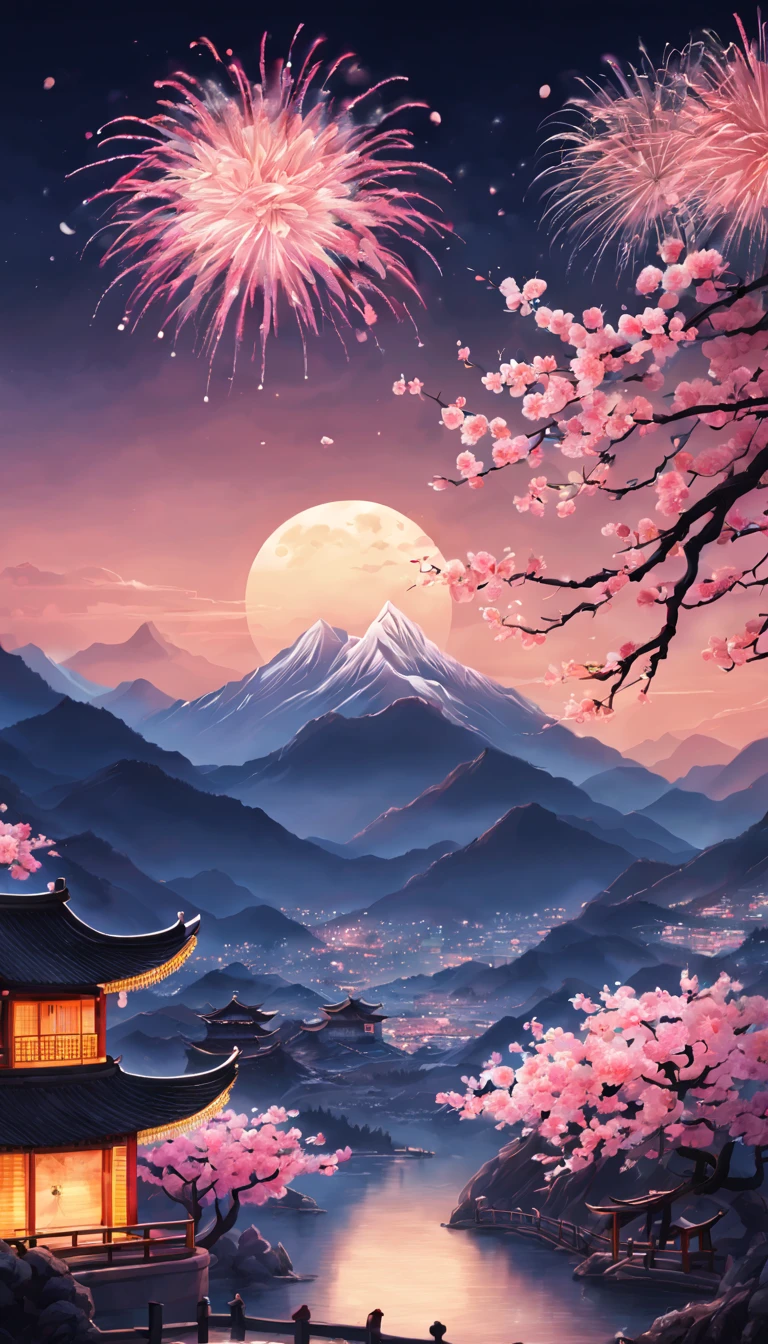 On a cold winter night,A grand New Year fireworks display is taking place in the sky over a traditional Chinese village。Fireworks bloom in the night sky,Beautiful fireworks formed,It creates a mysterious and unique atmosphere。 The mountain peaks in the picture rise into the sky,shrouded in a thick foist lingers in the mountains as fireworks bloom,It adds a touch of mystery to the whole scene。(The mountain peaks are covered with a thin layer of snow),twinkling moonlight。 At the foot of the mountain is a dense peach blossom forest,Pink flowers blooming on the peach tree,Picturesque。 This picture is dominated by illustration style,detail-rich,Vivid colors。Elements from sewing style,Make the whole picture more three-dimensional,Give people a sense of intimacy。With the light of fireworks blooming,The picture is filled with a festive and joyful atmosphere。 Image quality is the best,The resolution is 4K or 8K,detail-rich,High fidelity。The entire picture has professional photography effectine detailing,colors full、vividness,The background cleverly uses the bokeh effect,Highlight the subject。