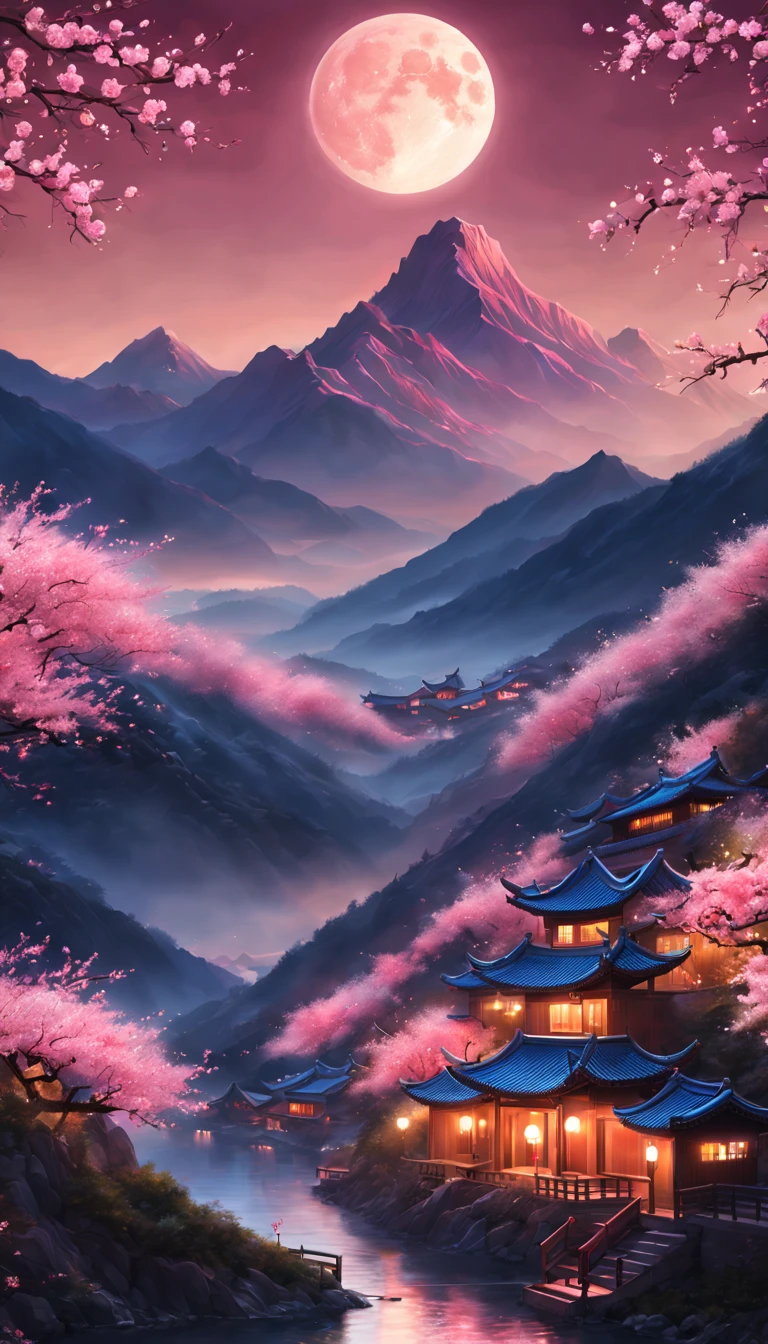 On a cold winter night,A grand New Year fireworks display is taking place in the sky over a traditional Chinese village。Fireworks bloom in the night sky,Beautiful fireworks formed,It creates a mysterious and unique atmosphere。 The mountain peaks in the picture rise into the sky,shrouded in a thick foist lingers in the mountains as fireworks bloom,It adds a touch of mystery to the whole scene。(The mountain peaks are covered with a thin layer of snow),twinkling moonlight。 At the foot of the mountain is a dense peach blossom forest,Pink flowers blooming on the peach tree,Picturesque。 This picture is dominated by illustration style,detail-rich,Vivid colors。Elements from sewing style,Make the whole picture more three-dimensional,Give people a sense of intimacy。With the light of fireworks blooming,The picture is filled with a festive and joyful atmosphere。 Image quality is the best,The resolution is 4K or 8K,detail-rich,High fidelity。The entire picture has professional photography effectine detailing,colors full、vividness,The background cleverly uses the bokeh effect,Highlight the subject。