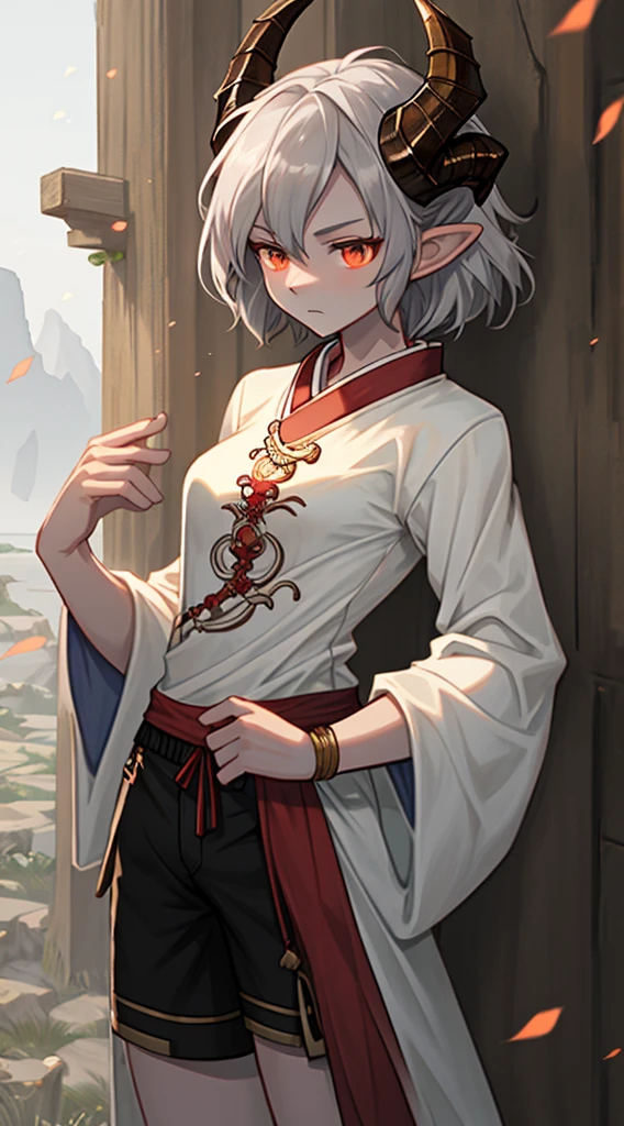 (dragon), The woman, antrum, 1girl, delicate body, shapely body, long body, Skinny, Extruded, short hair with red and black tones, Horns, dragon Horns, Anime style, hiquality, Best Quality, peeling of the skin, realistic style, scales, grey skin, flaky skin, Textured scale, closed clothing, baggy shorts, white baggy t-shirt, Best Quality, Very detailed, fantasy clothes, dnd, asian clothes
