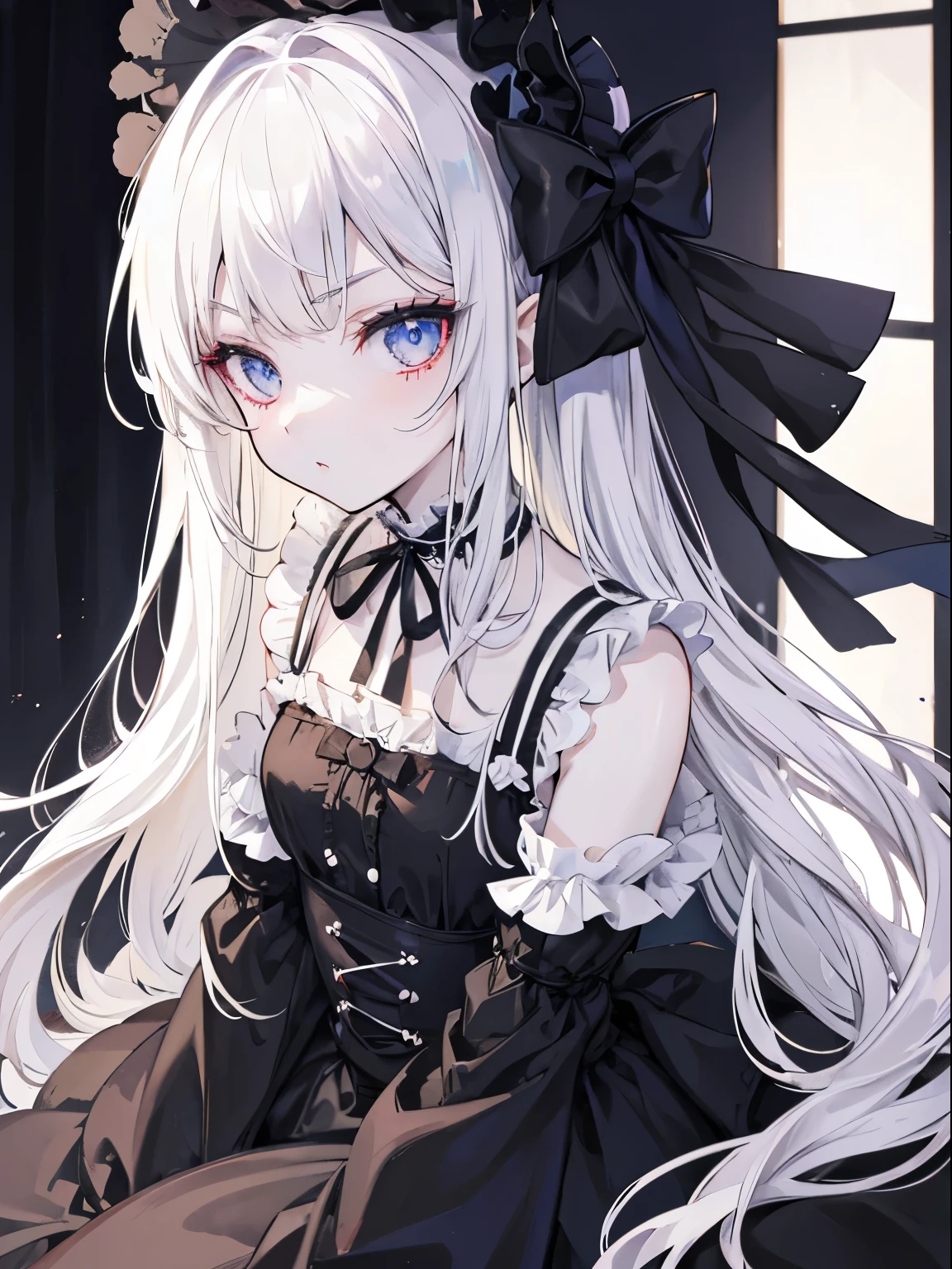 masutepiece, Highest Quality, (a perfect face:1.1), (higly detailed:1.1), (ultradetailed eyes), dramatic,  Ultra-thin illustration, Extremely detailed, 1girl in, (pale skin), Gentle Expression, Hair on a long black background, Ethereal eyes, (light eyebrows), {((Happy))}, 独奏, Long hair, pouty lips,Cinematic lighting, looking a viewer, Cowboy shot, Gothic Lolita, frilld, bow ribbon,headdress, black,Room,black Room