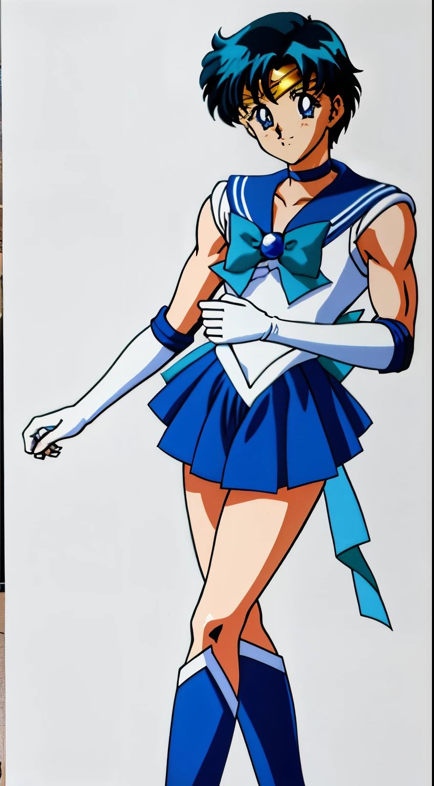 Top Quality Anime Art、masterpiece、high definition anime art、アニメstyles8K、Boy standing、Very short blue-haired boy、Blue-eyed boy、Golden Circlet、耳环、solo、Strong muscles、Sailor Senshi Uniform、Muscular and strong、white glove、elbowgloves、Blue choker、Blue Heeled Boots、White leotard、highleg leotard、robe blanche、Blue sailor collar、Sky blue bow tie、a miniskirt、pleatedskirt、a blue skirt、Muscular men、a smile、Bare shoulders、bare legs、Hymns to the King as a Prince, an retro anime image、full-body close-up shot、Anime. Rogue Anime Boy、Soft lighting、(1990's\(styles\)0.9)、