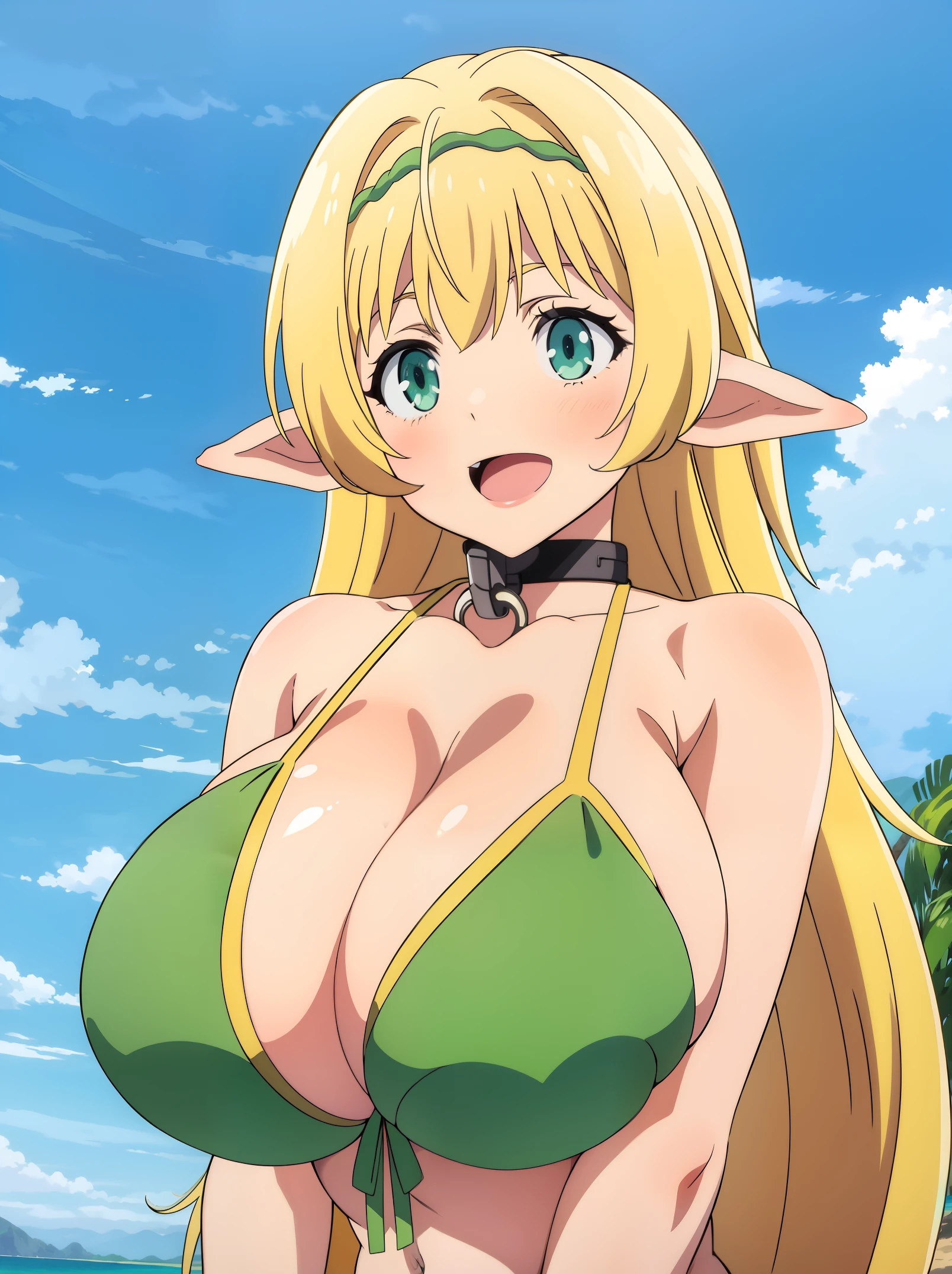 Anime style, 12 years old, Big eyes, (Green :1.2),elf,Pedras preciosas,chain,Choker,Blonde hair,Blue eyes,Bangs,Very long hair, (hair between eye:1.3),blunt Bangs,Green Hair Band, Green Ribbon, Best Quality, High resolution, 1girl in, (:1.5), A smile, Open mouth,Beach,Cowboy Shot