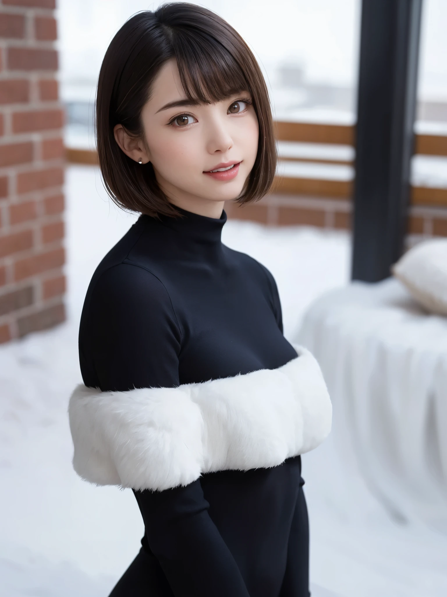 (masterpiece, top-quality),1girl in, 独奏, hyper realisitic, Photorealistic,realisitic, looking at the viewers, brown eyes of light color:1.4,Brunette short bob hair with highly detailed shiny hair, Winter clothes in bright colors, lepangas:1.4), plein air, a closed mouth, The upper part of the body、Big eye、Lashes、{Gigantic|Big|Huge|Mega} breasts:2, cleavage:2、(((Big eye、Short bob hair、Intense highlights of the pupils、gazing at viewer、She is a very beautiful and cute beauty、Put your ears out、long neck、smil、Close your mouth and smil、bangs beautiful teeth)))、Ideal ratio body proportions、(Snow-covered tree-lined streets in Norway in winter)、美しいlong neck:1.4、