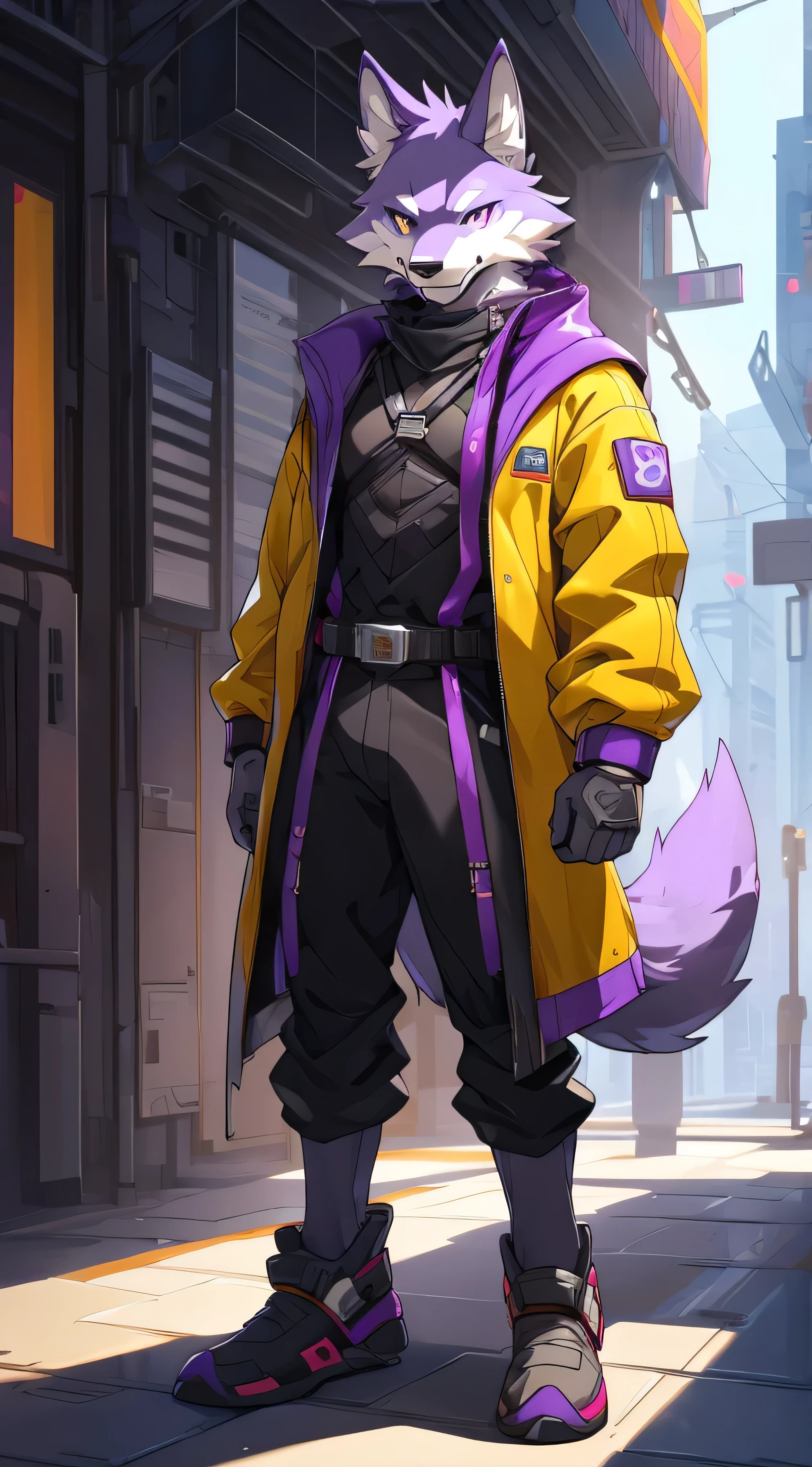(((one male individual))), Purple right eye, Red left eye, Furry, 8K High Definition, Very detailed, super masutepiece, Best Quality, super detailed, Correct anatomy, anthropomorphic, wolf, background light future city, (king), (Wearing a yellow jacket), Full body, ((Body color is gray and purple)), (slim figure), Front view, perfect hand, Very enchanting, Realistic, masutepiece, Best Quality, Perfect Anatomy, nj5Furry, Solo, baggy clothes, Gentle, Bright eyes, Detailed eyes, looking at viewer, well-muscled.